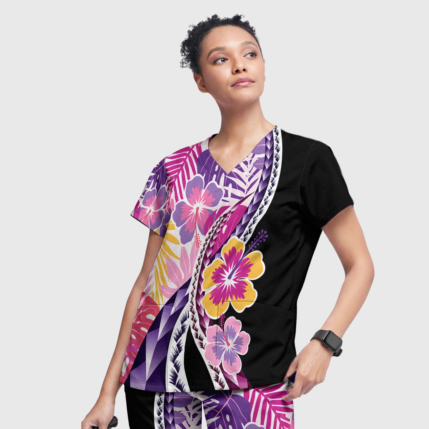 Nurse Tropical Hibiscus Leaf Pattern Scrub Set, Scrub Pants and V Neck Top