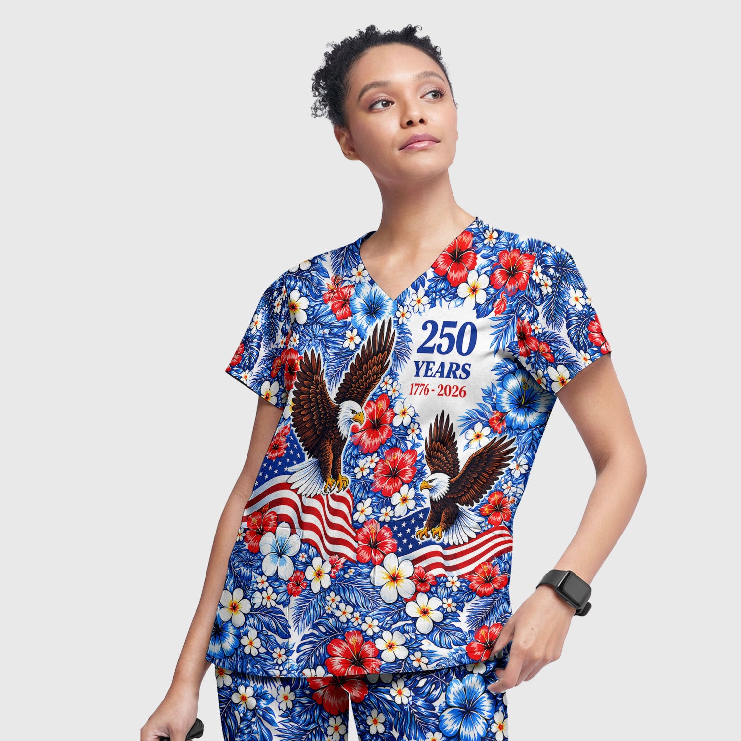 Patriotic Eagle Floral Pattern, America 250 Medical Scrub Set, Scrub Pants and V Neck Top