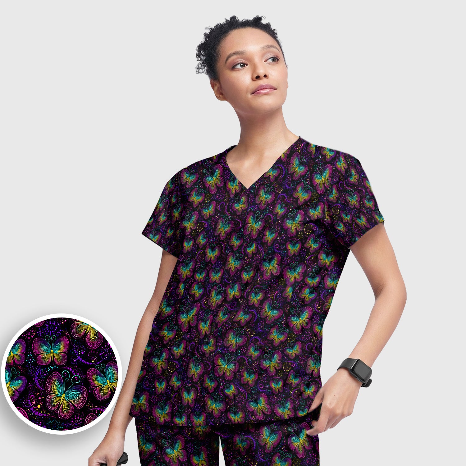 Cute Neon Butterfly Swirl Pattern Scrub Set, Scrub Pants and V Neck Top