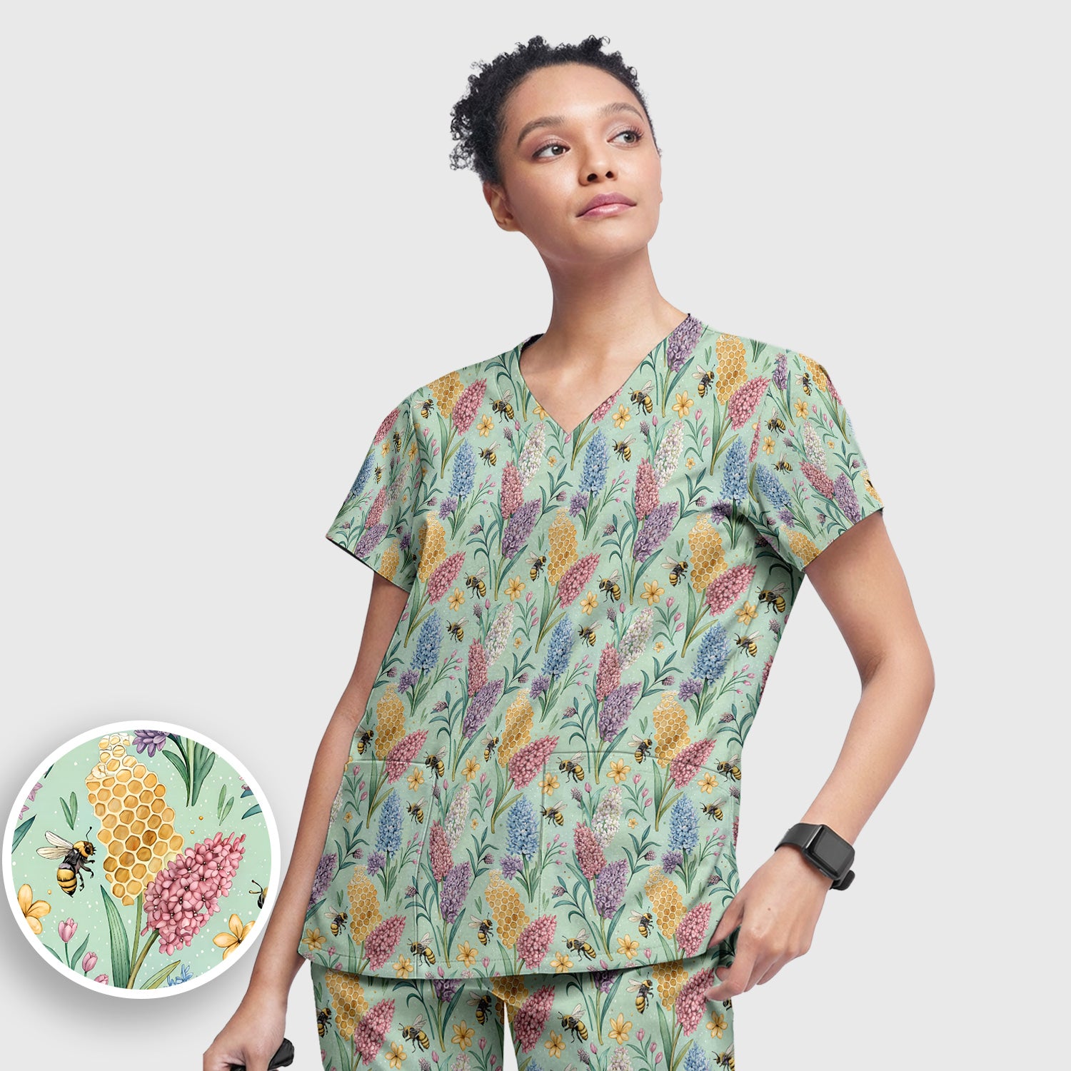 Pastel Wildflower Honeybee Pattern Scrub Set, Scrub Pants and V Neck Top
