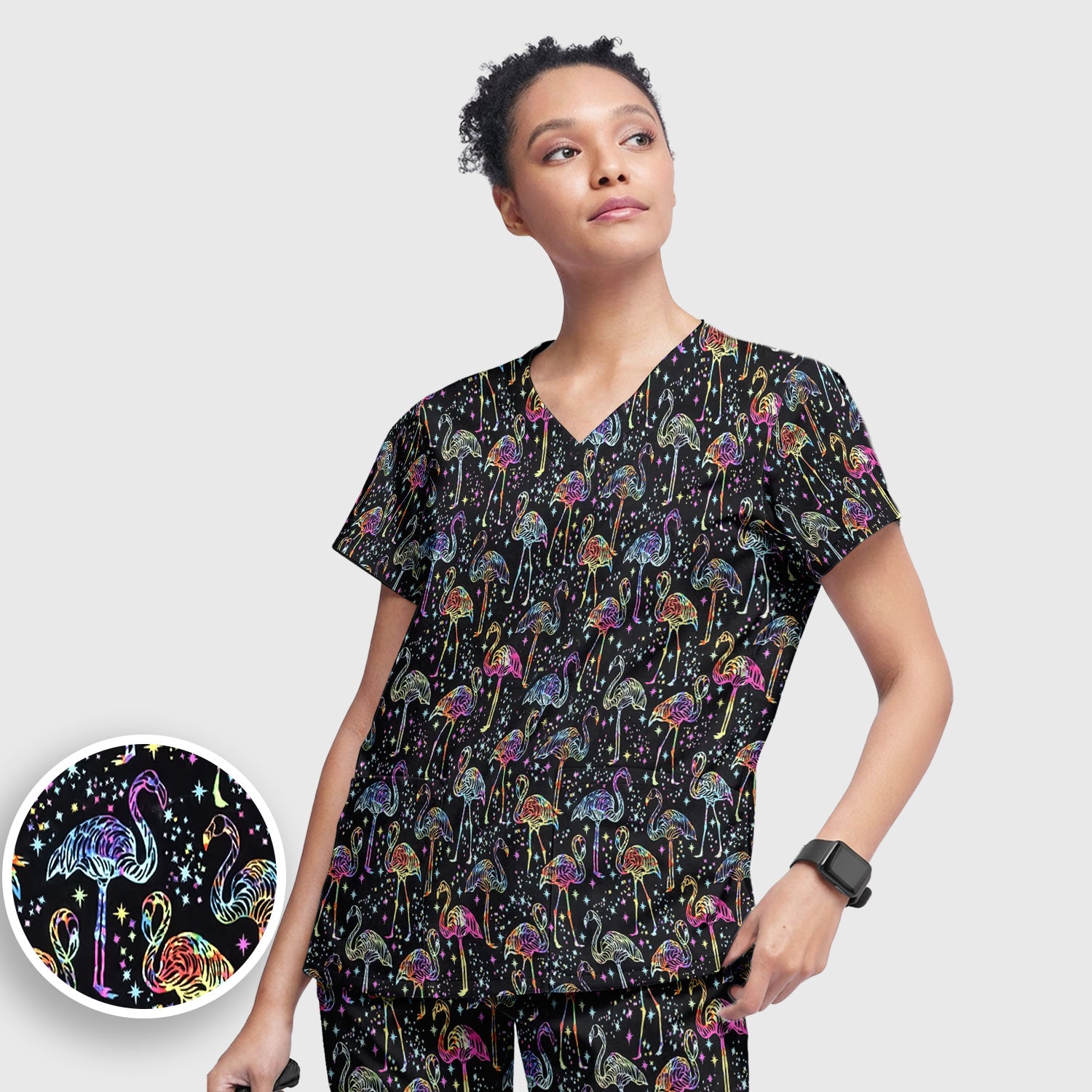 Neon Flamingo Starry Night Pattern Scrub Set, Scrub Pants and V Neck Top