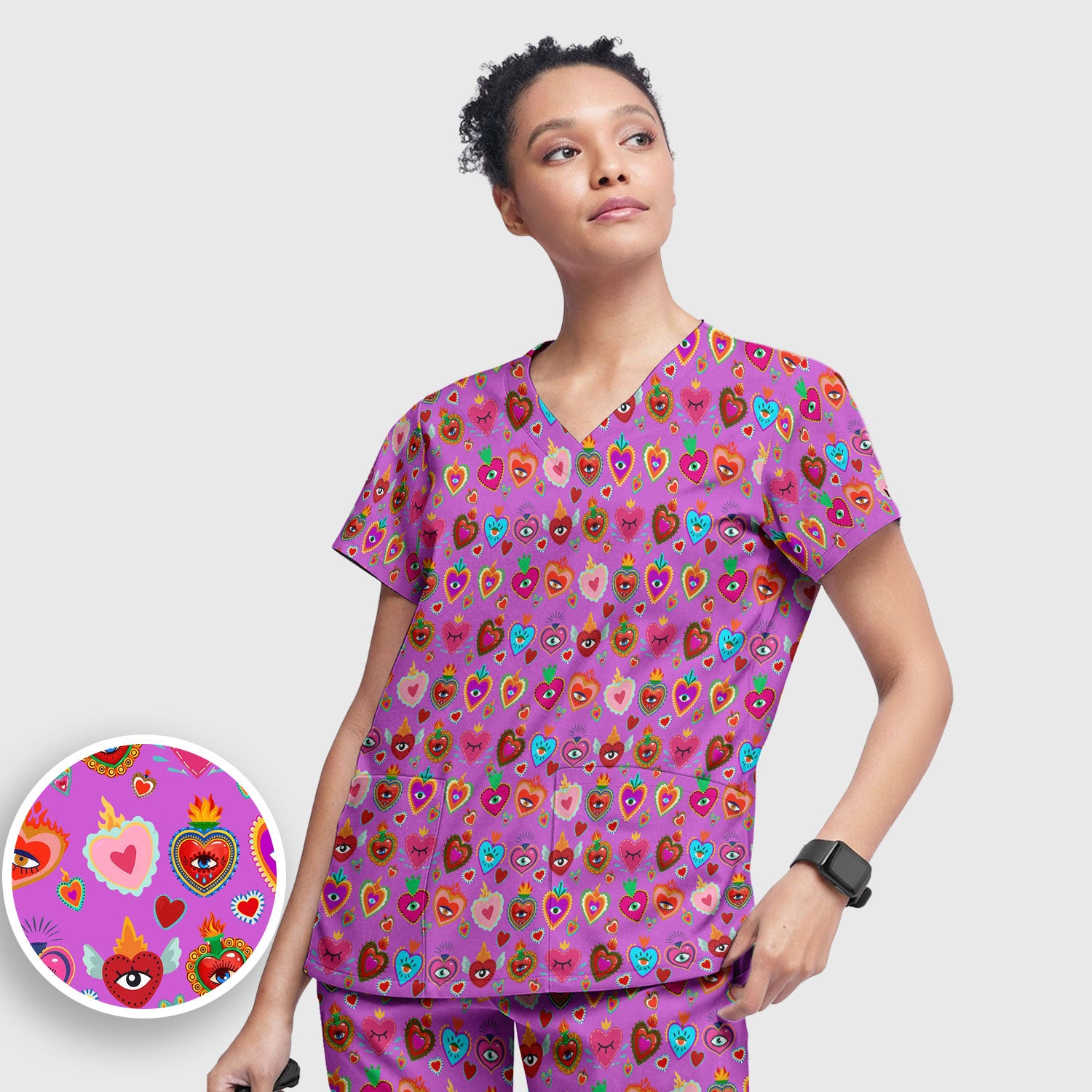 Valentine Colorful Sacred Heart Print Women's Scrub Set, Scrub Pants and V Neck Top