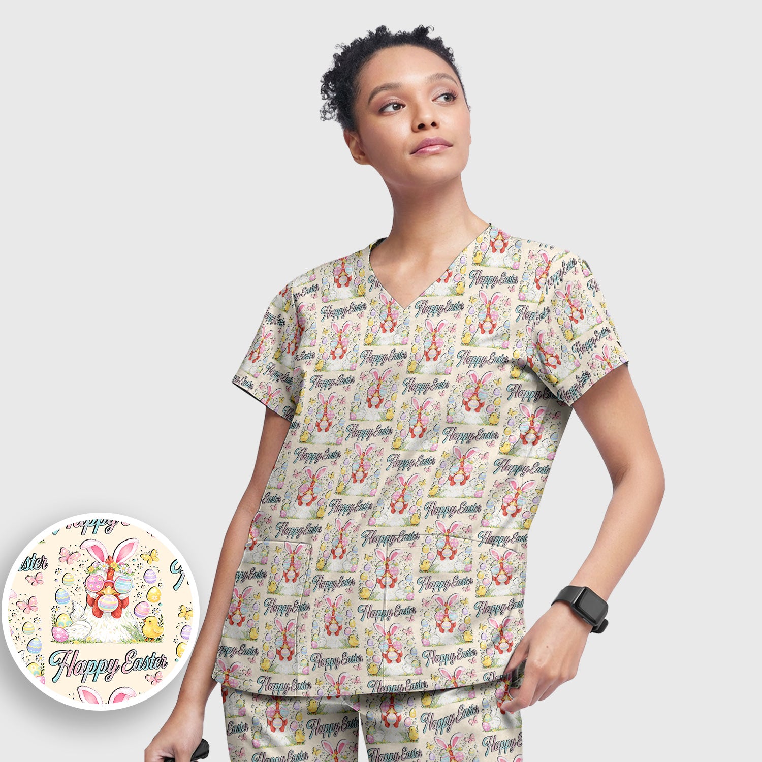 Happy Easter Bunny Eggs Pattern Scrub Set, Scrub Pants and V Neck Top