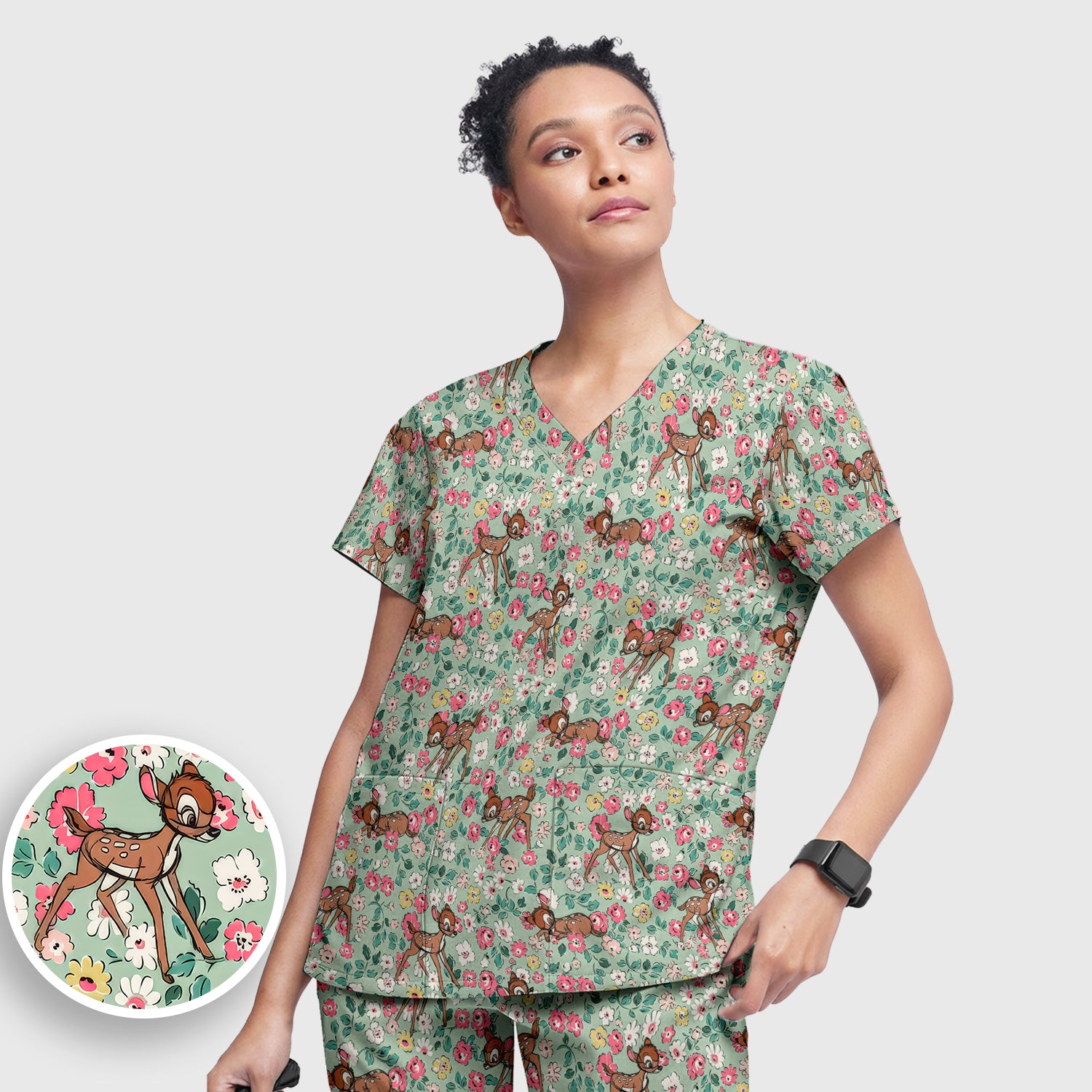 Cute Baby Deer Floral Pattern Scrub Set, Scrub Pants and V Neck Top