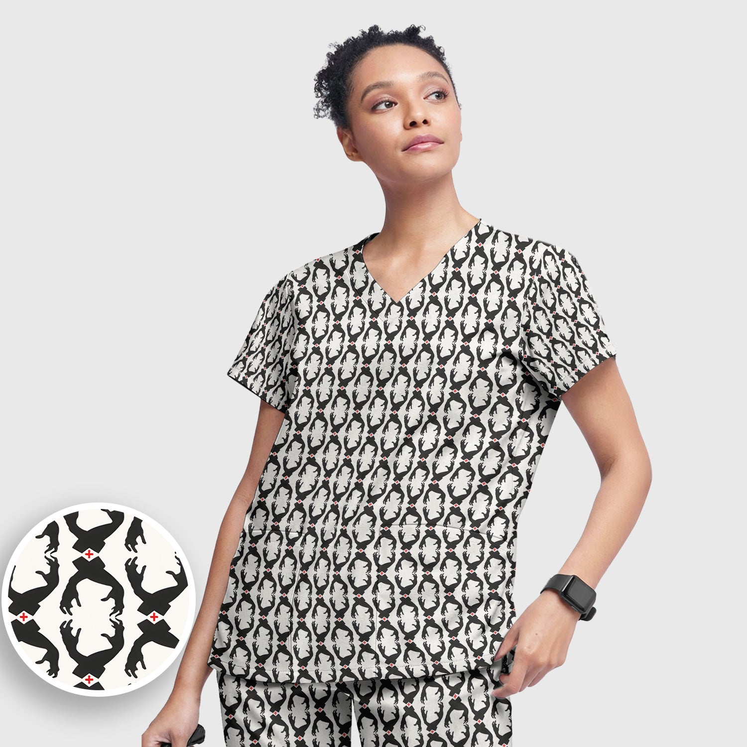 Creepy Hands Black White Red Patterns Scrub Set, Scrub Pants and V Neck Top