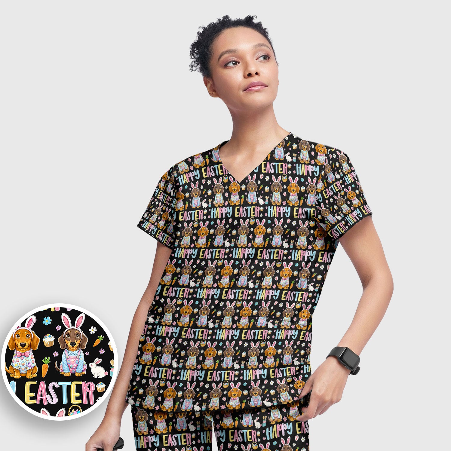 Happy Easter Dachshund Puppy Pattern Scrub Set, Breathable Med Uniform