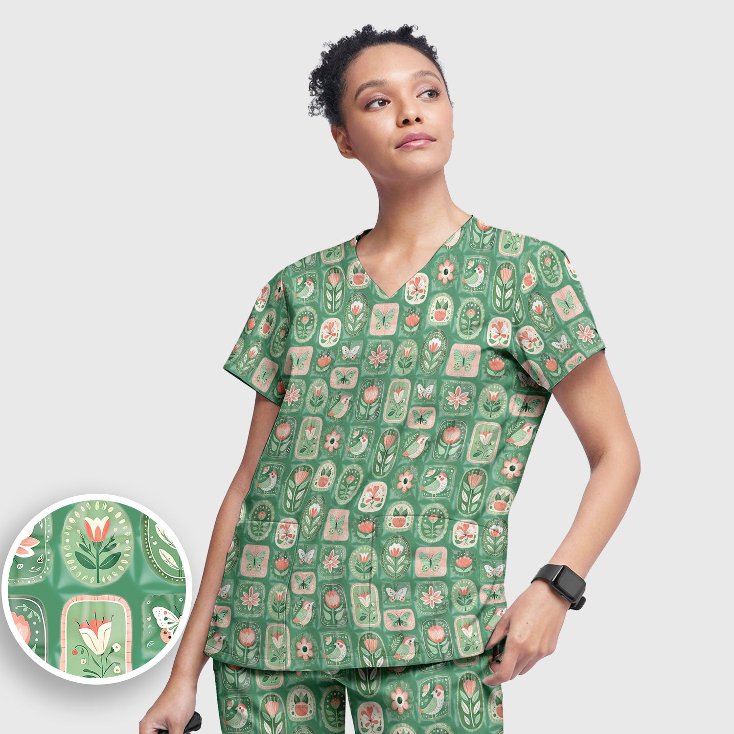 Folk Art Floral Bird Butterfly Garden Pattern Scrub Set, Scrub Pants and V Neck Top