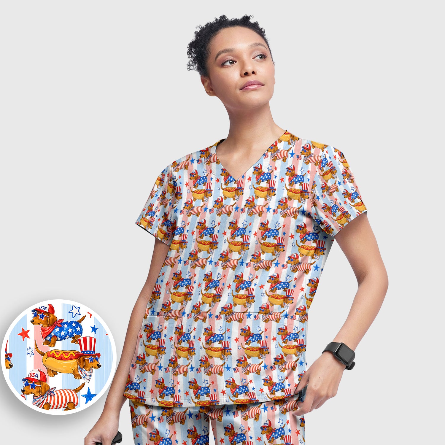Fourth Of July Dachshund Pattern Scrub Set, Scrub Pants and V Neck Top
