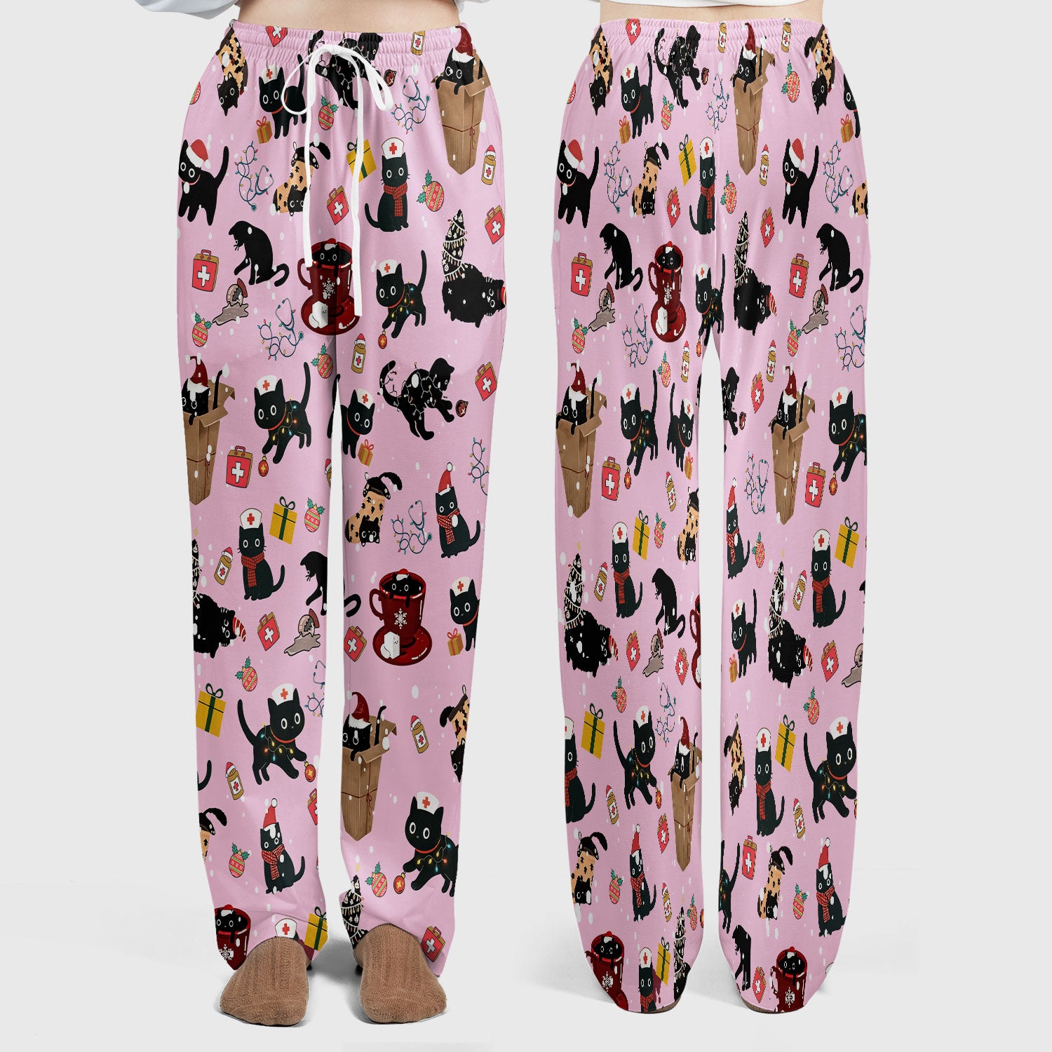 Funny Cat Scrub Sets for Women - Christmas Black Cats Pants and V Neck Top - Breathable Fabrics Nursing Uniform