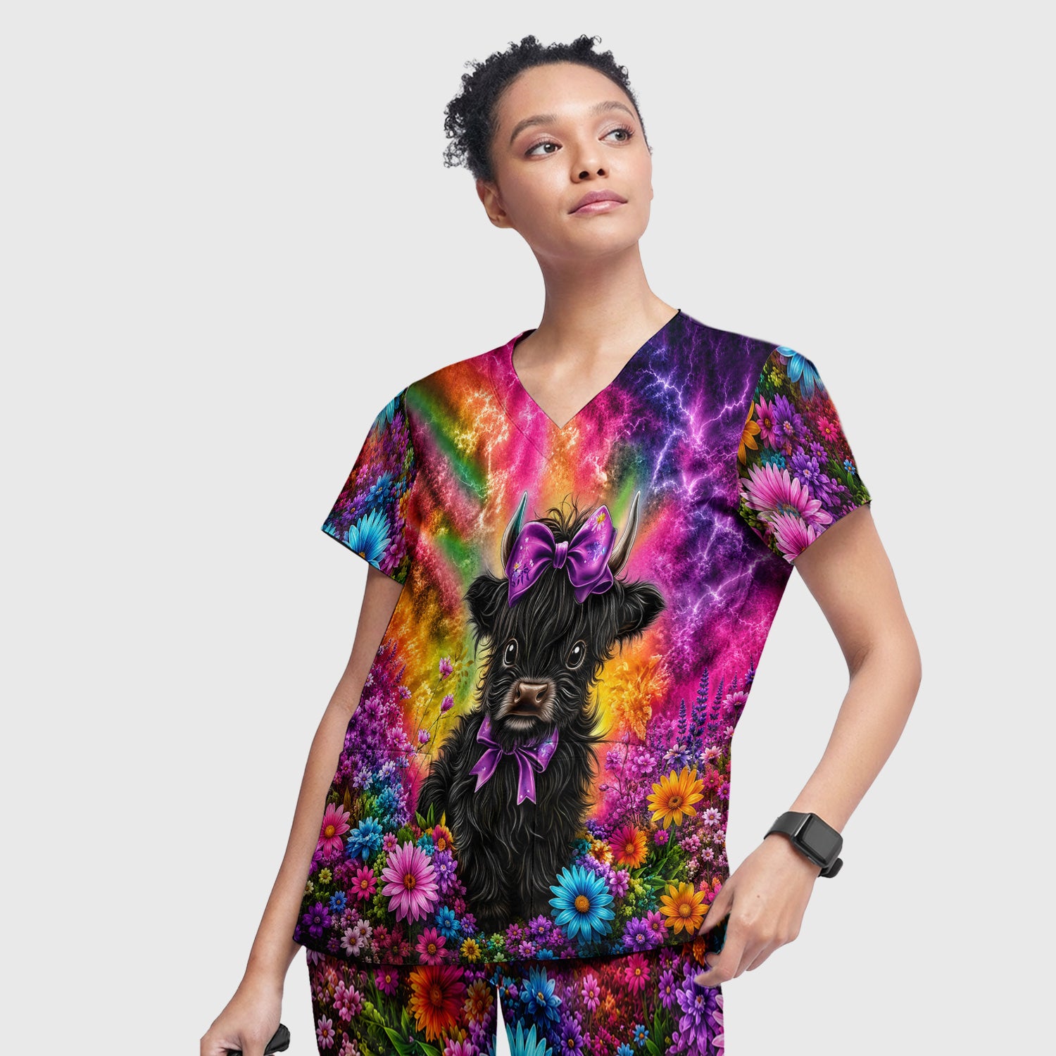 Cute Highland Cow Rainbow Floral Pattern Scrub Set, Scrub Pants and V Neck Top