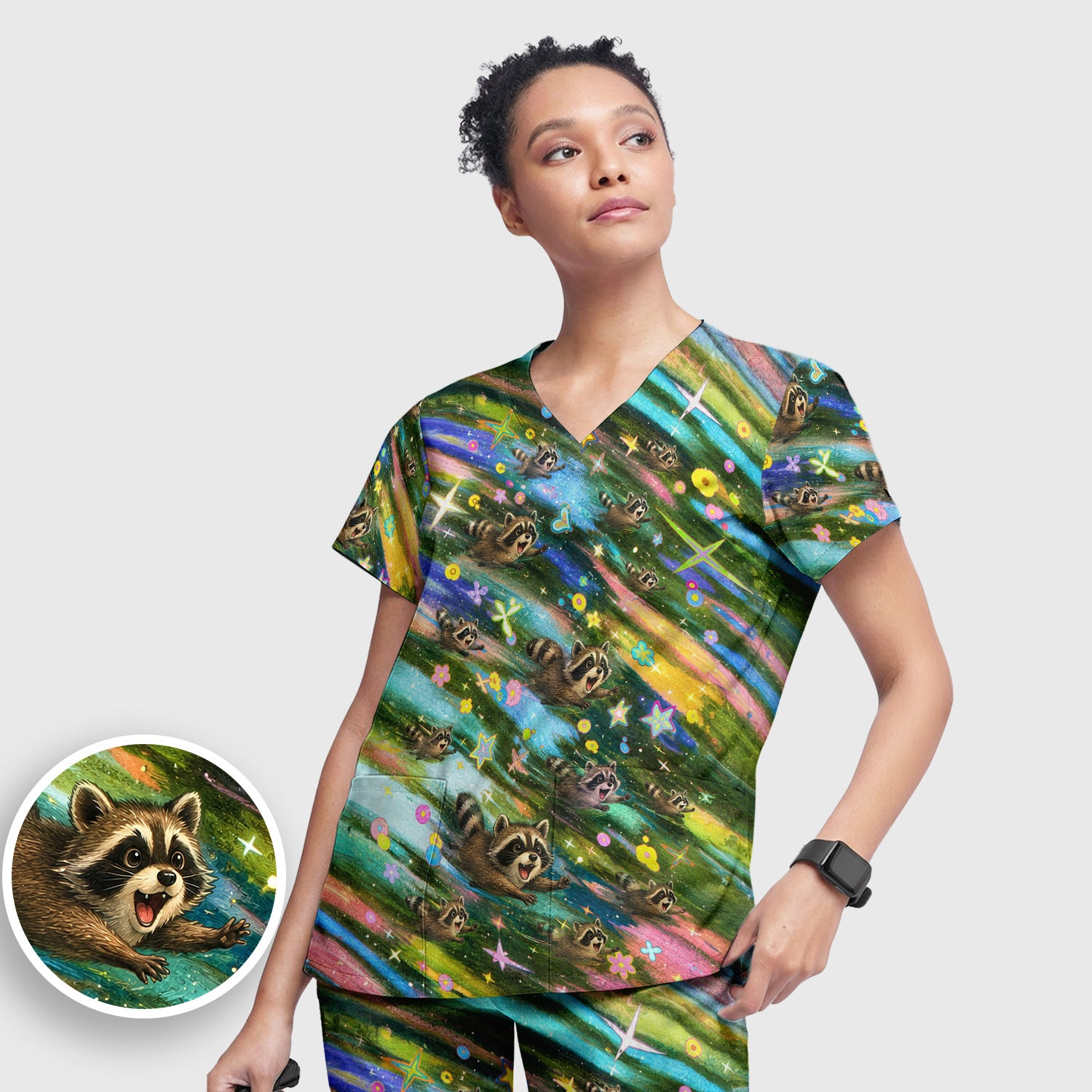 Cute Raccoon Rainbow Dash Pattern Scrub Set, Scrub Pants and V Neck Top