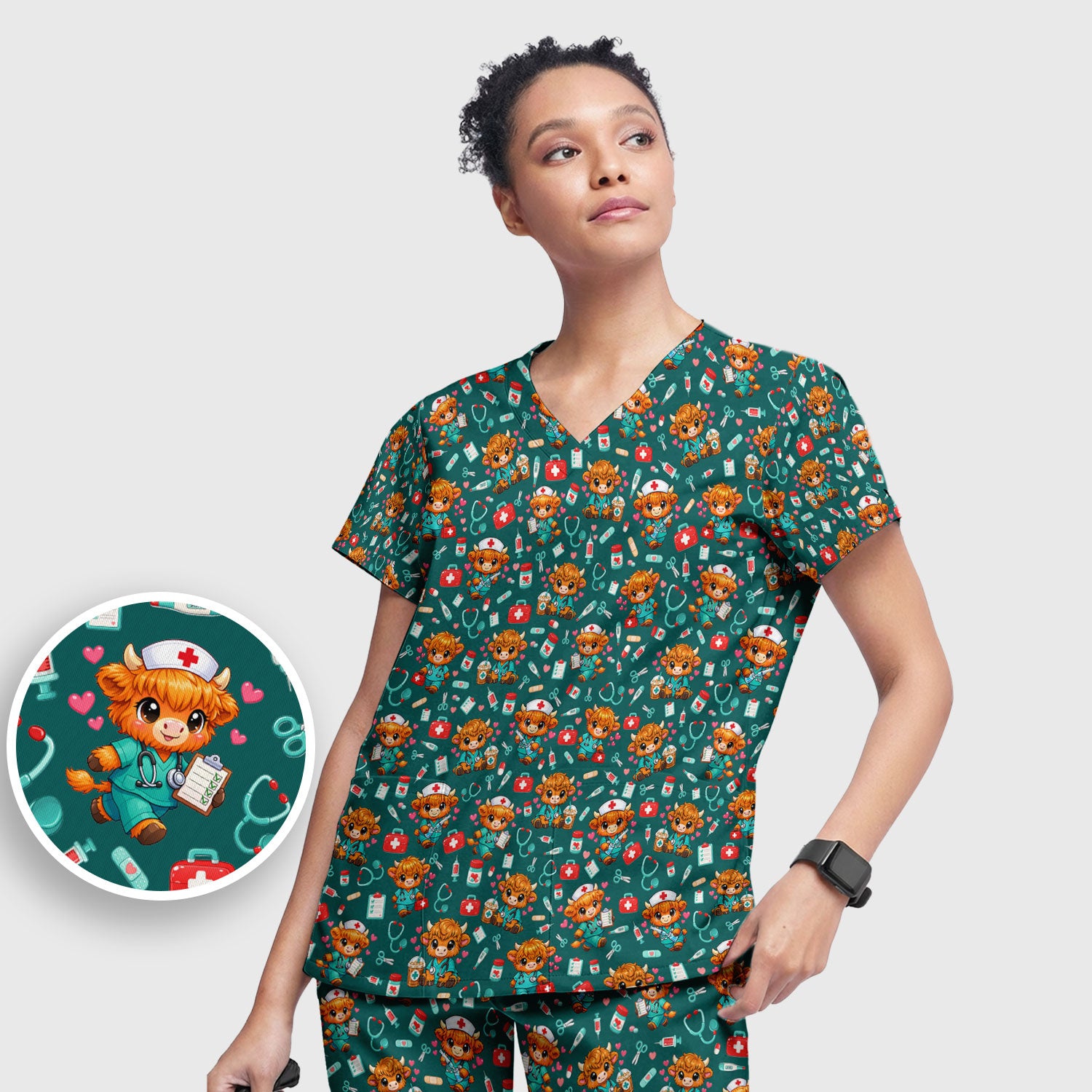 Cute Highland Cow Nurse Scrub Set, Kawaii Medical Pattern Shirt, Breathable Fabrics Nursing Uniform