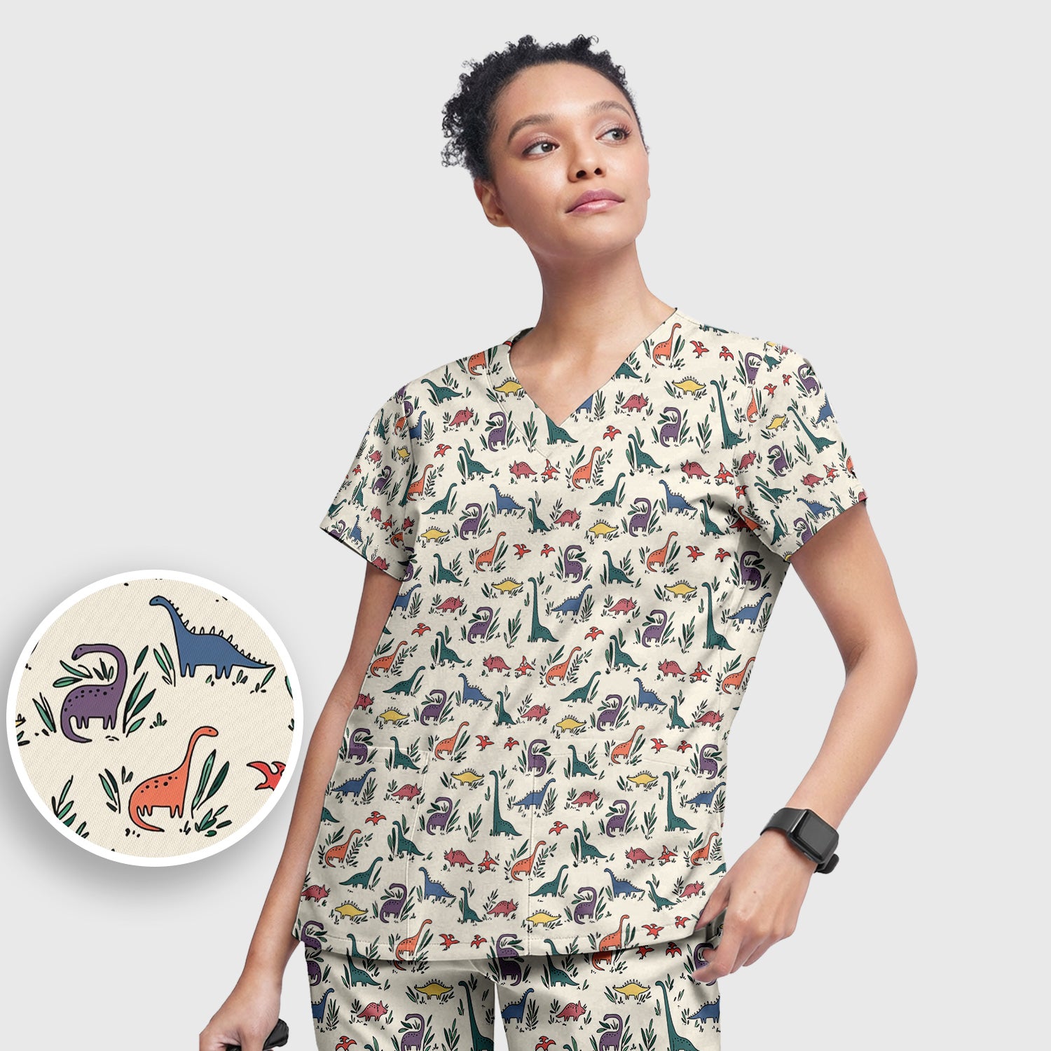 Cute Dinosaur Leafy Garden Pattern Scrub Set, Breathable Fabrics Nursing Uniform