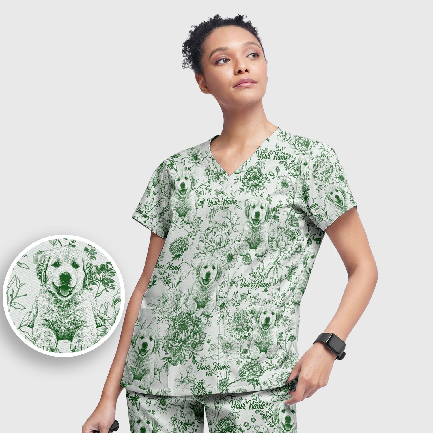 Personalized Custom Pet Photo Name Floral Pattern Scrub Set, Scrub Pants and V Neck Top
