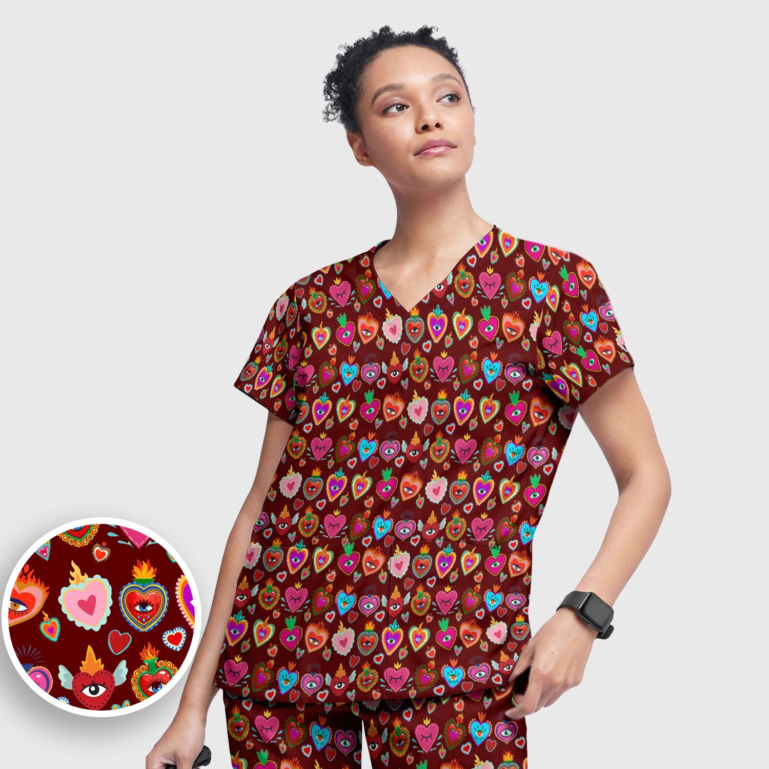 Valentine Colorful Sacred Heart Print Women's Scrub Set, Scrub Pants and V Neck Top
