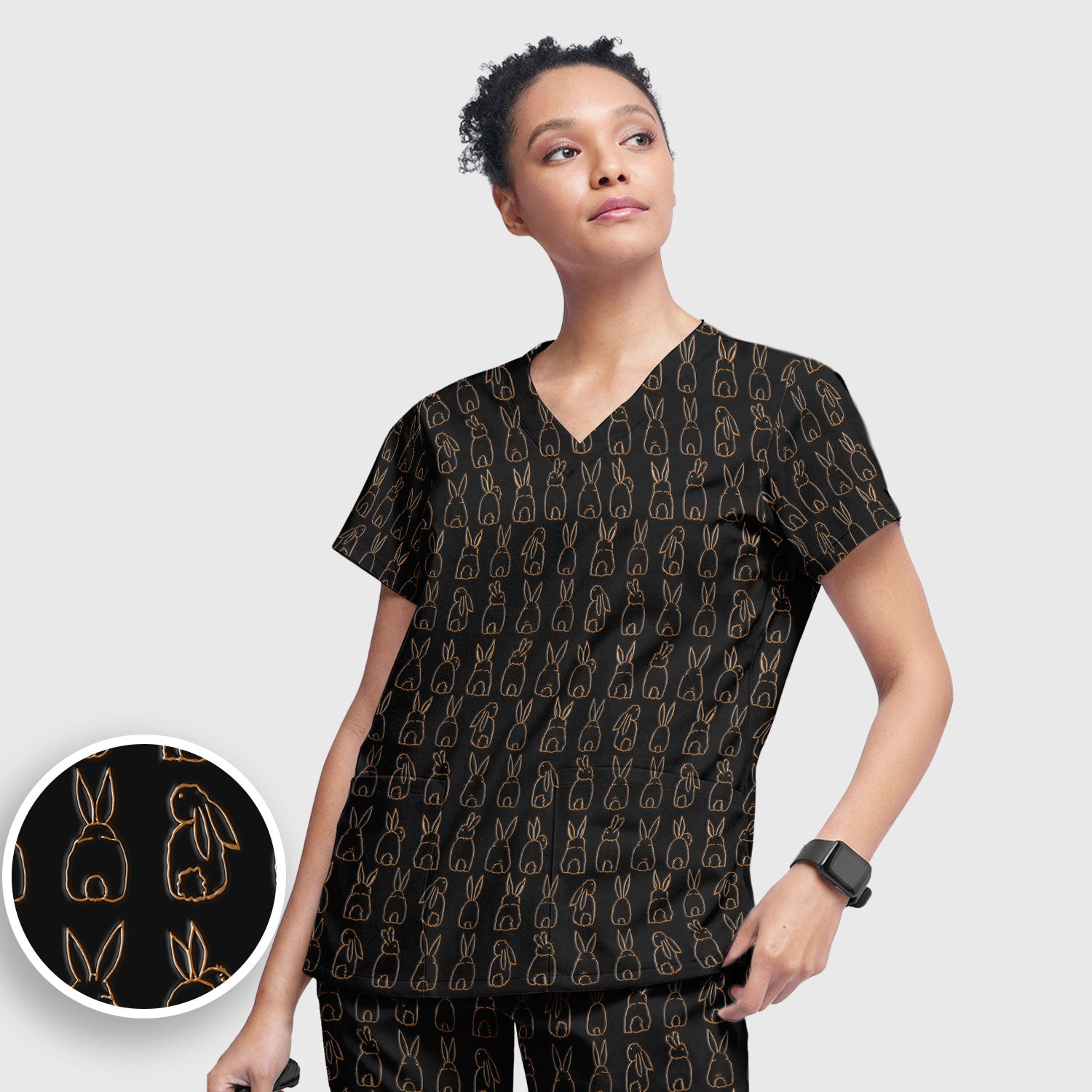 Cartoon Bunny Line Art Pattern Medical Scrub Set, Breathable Med Uniform