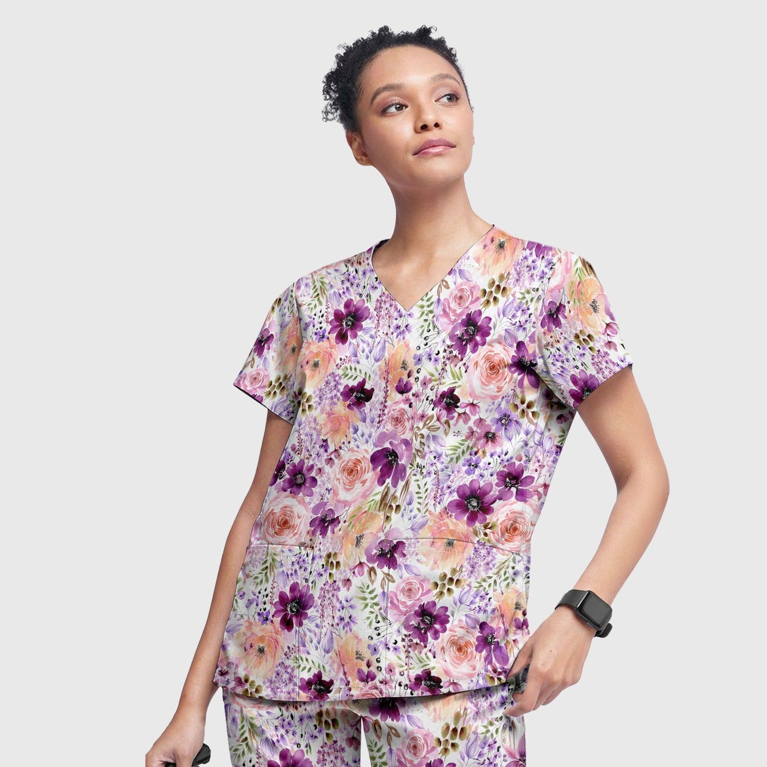 Elegant Watercolor Floral Bloom Scrub Set, Scrub Pants and V Neck Top