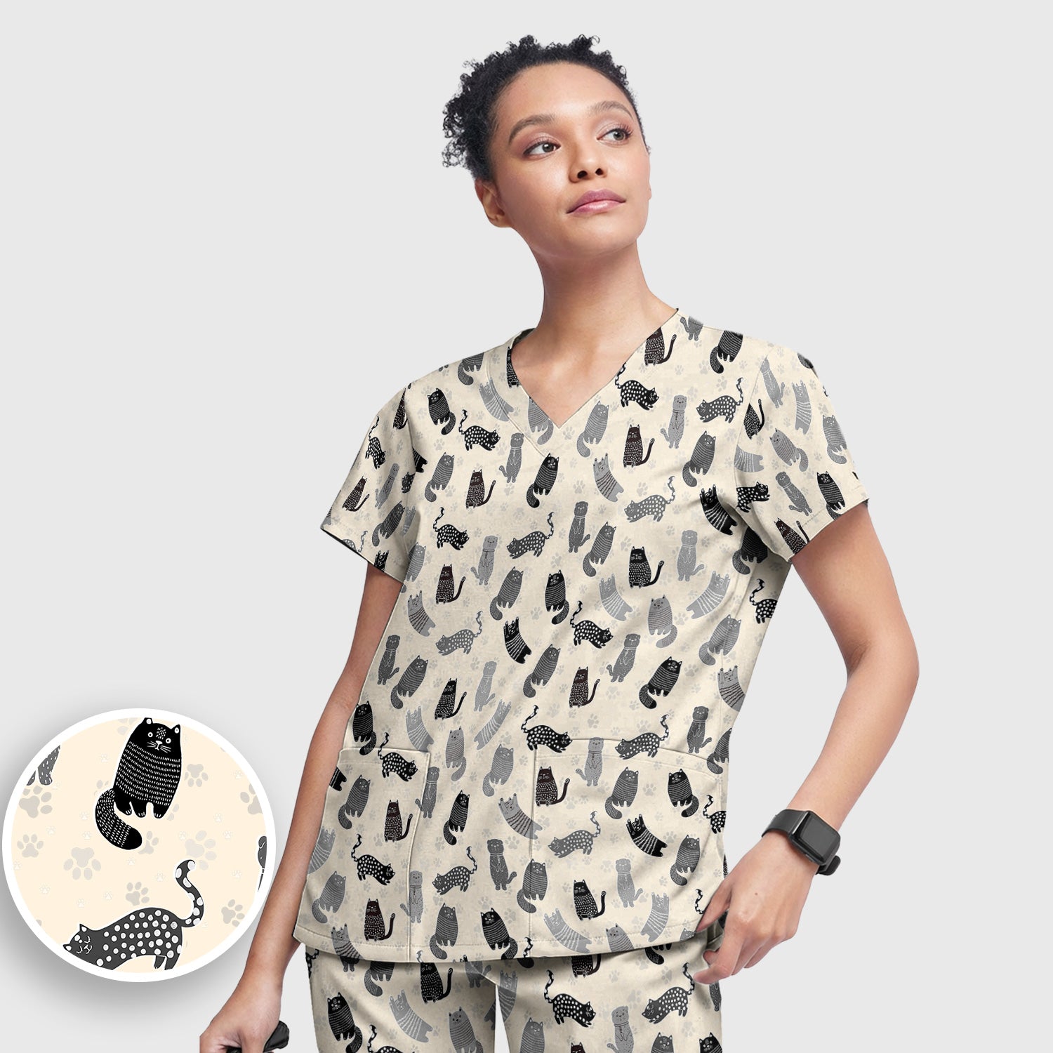 Cute Cat and Paw Print Pattern Scrub Set, Breathable Med Uniform