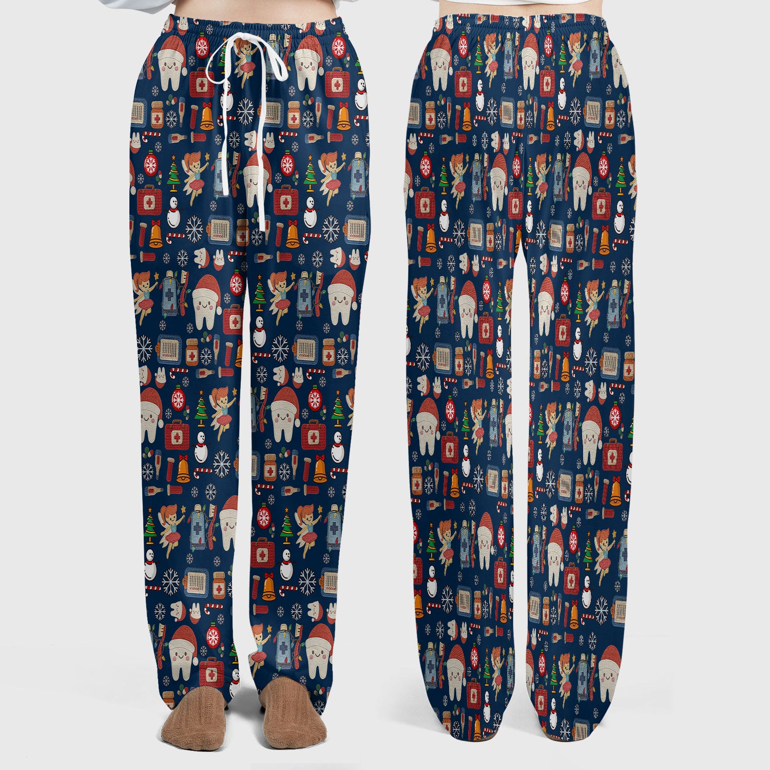 Christmas Dental Scrub Set - Cute Santa Tooth & Snowman Scrubs Pants and V Neck Top - Funny Holiday Gift for Dentists, Hygienists
