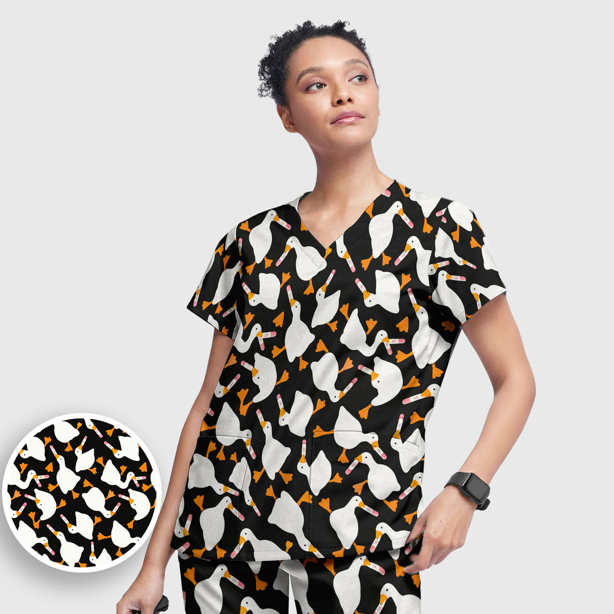 Funny Geese Holding Pregnancy Test Scrub Set, Scrub Pants and V Neck Top