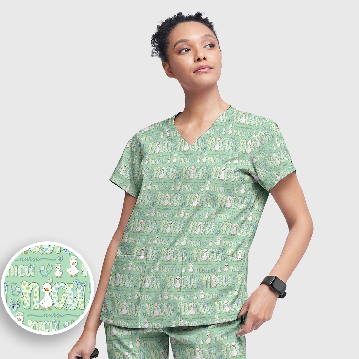 NICU Nurse Duck Pattern Scrub Set, Scrub Pants and V Neck Top
