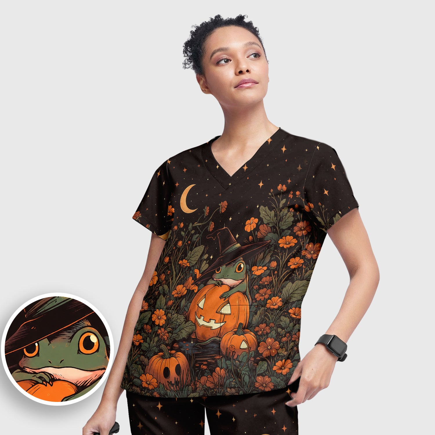 Cute Halloween Frog Nurse for Pediatric Nurses, RN, CNA, Pumpkin Medical Scrub Set, Scrub Pants and V Neck Top