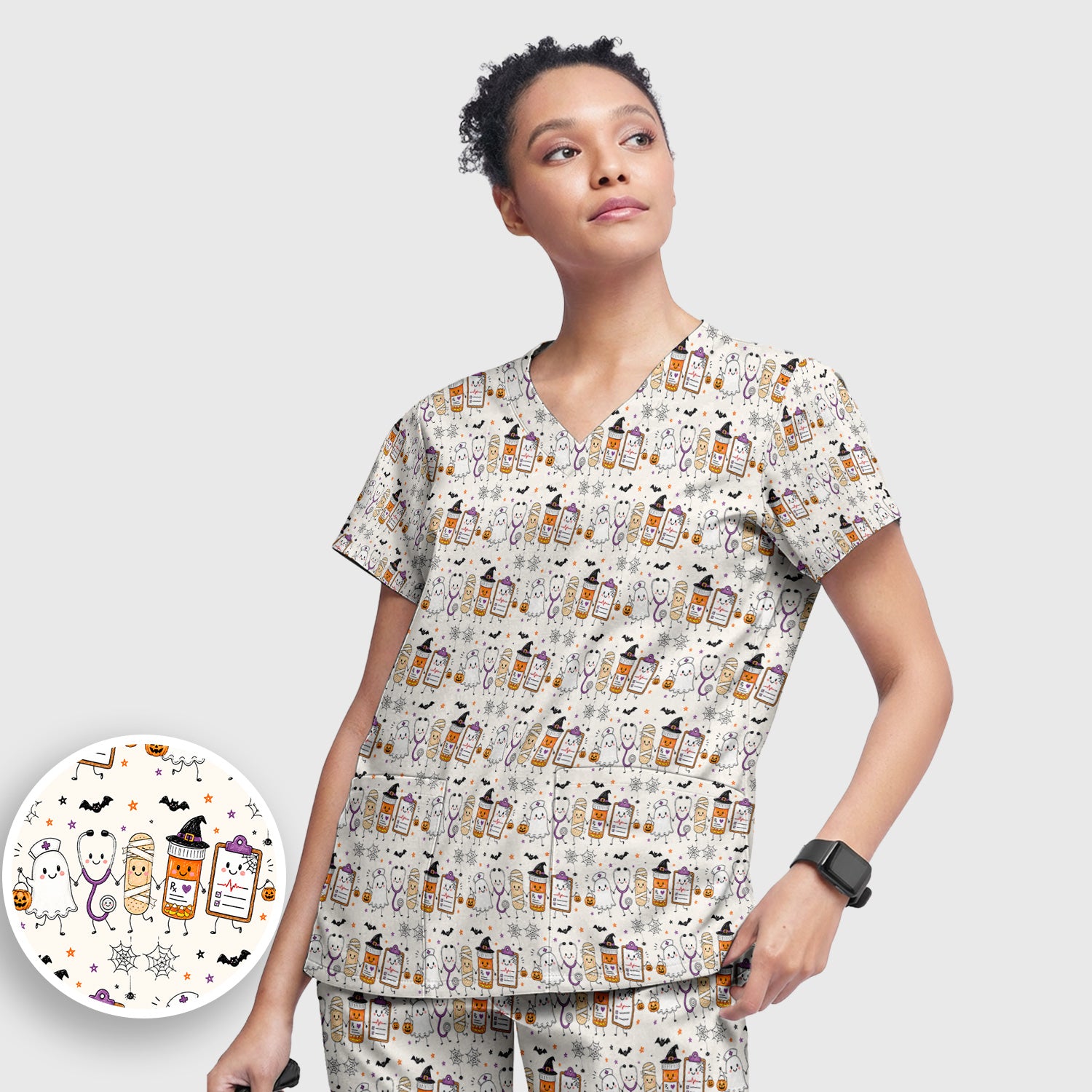 Halloween Medical Characters Print Scrub Set, Scrub Pants and V Neck Top