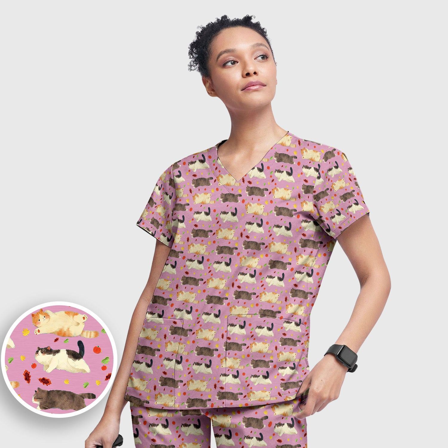 Chubby Cat Autumn Leaves Print Scrub Set, Breathable Med Uniform