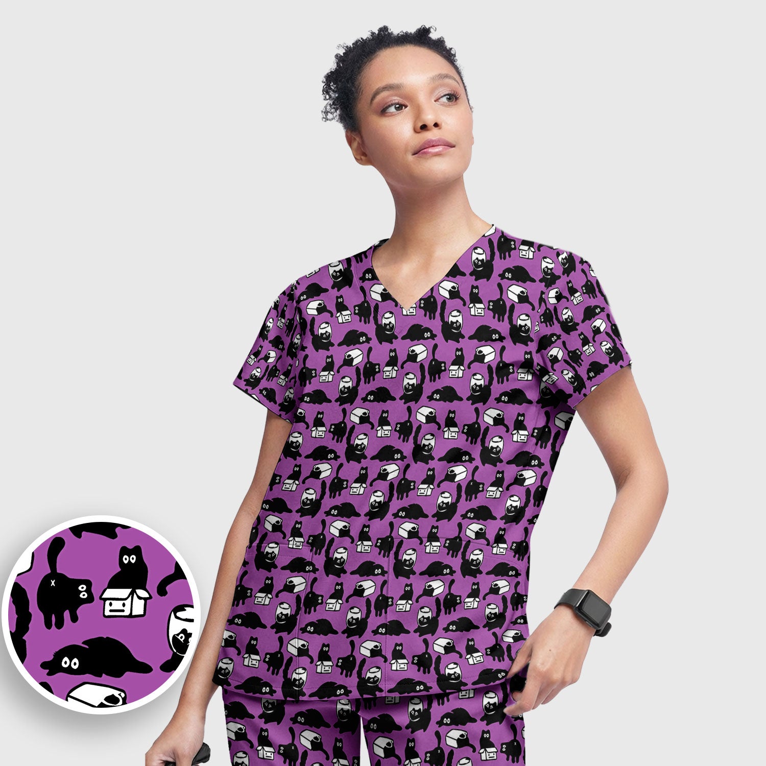 Dark Playful Cat Cartoon Pattern Scrub Set, Breathable Med Uniform