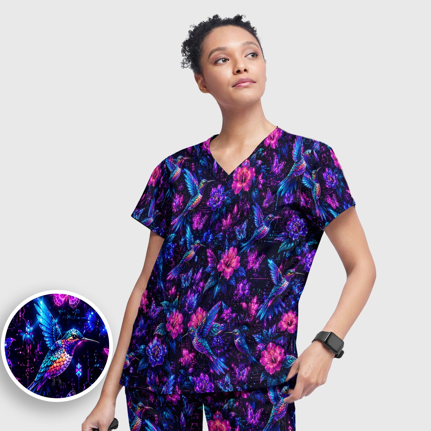 Neon Hummingbird Butterfly Bloom Pattern Scrub Set, Scrub Pants and V Neck Top