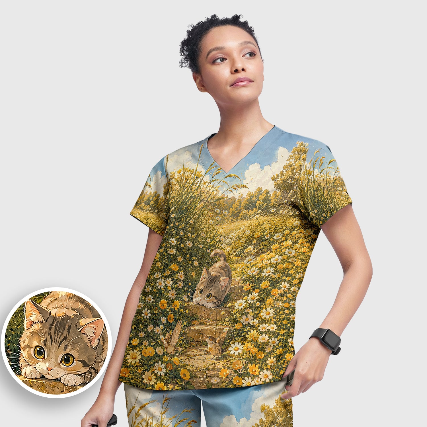 Sunny Garden Cat Nurse Pattern, Floral Medical Scrub Set, Scrub Pants and V Neck Top
