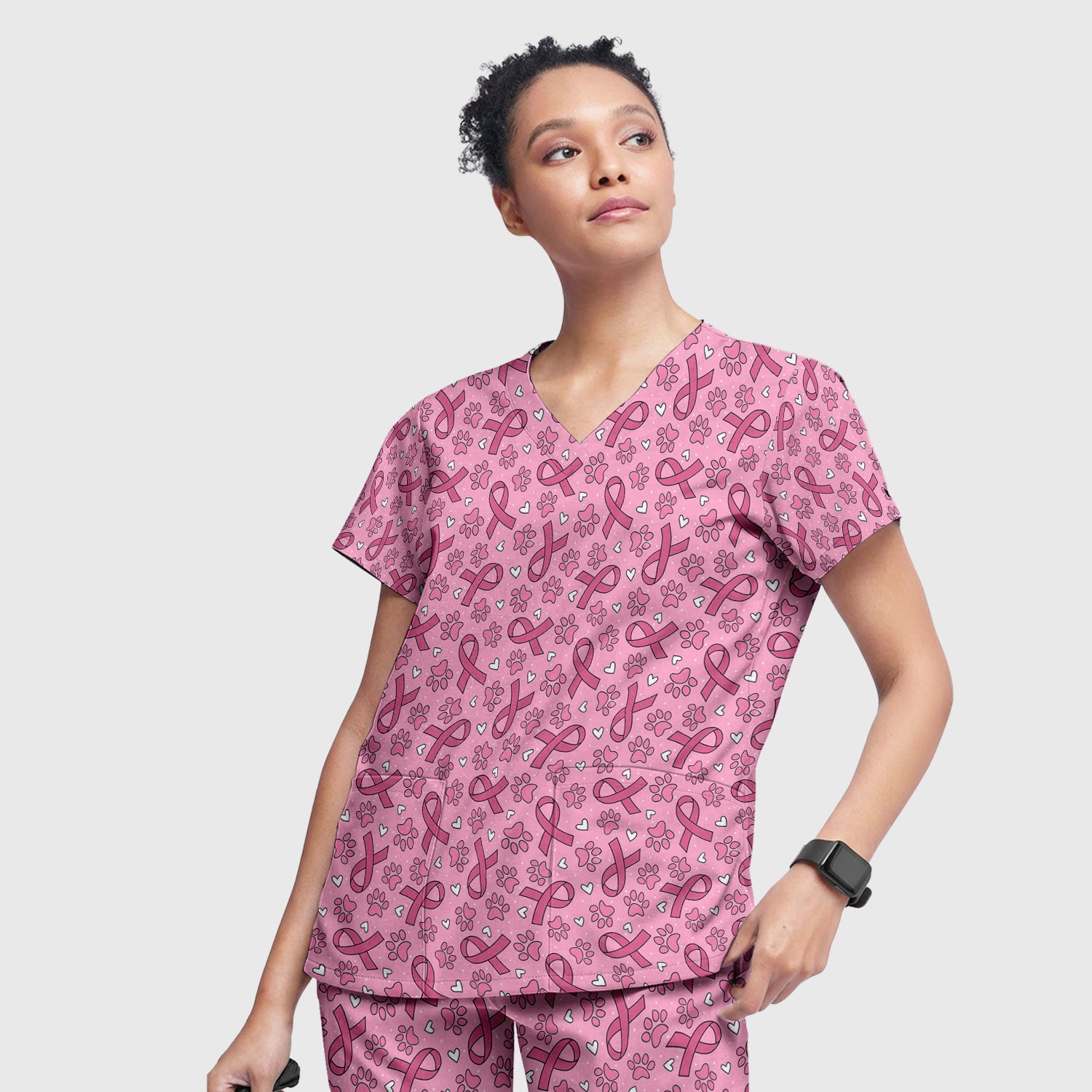 Pink Ribbon Paw Print Scrub Set, Scrub Pants and V Neck Top
