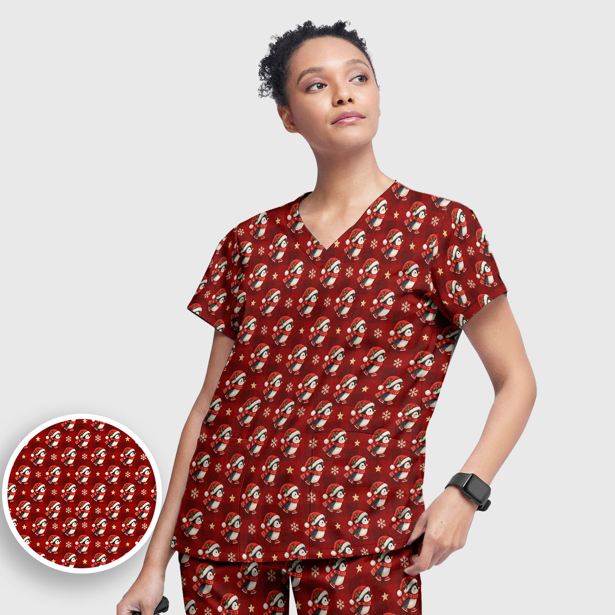Cute Christmas Ice Skating Penguin Scrub Set, Scrub Pants and V Neck Top