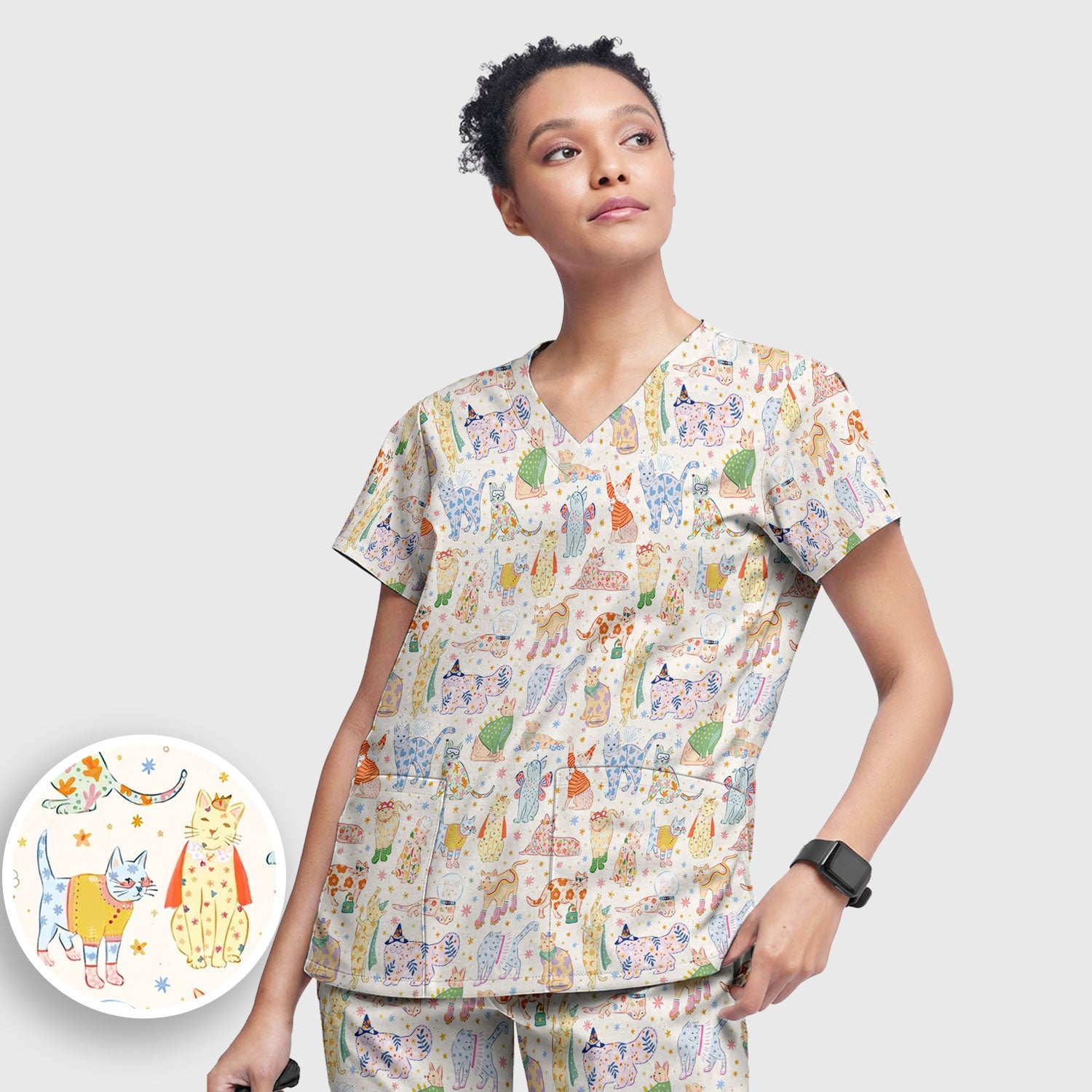Colorful Pastel Cartoon Cats Print Scrub Set, Breathable Med Uniform