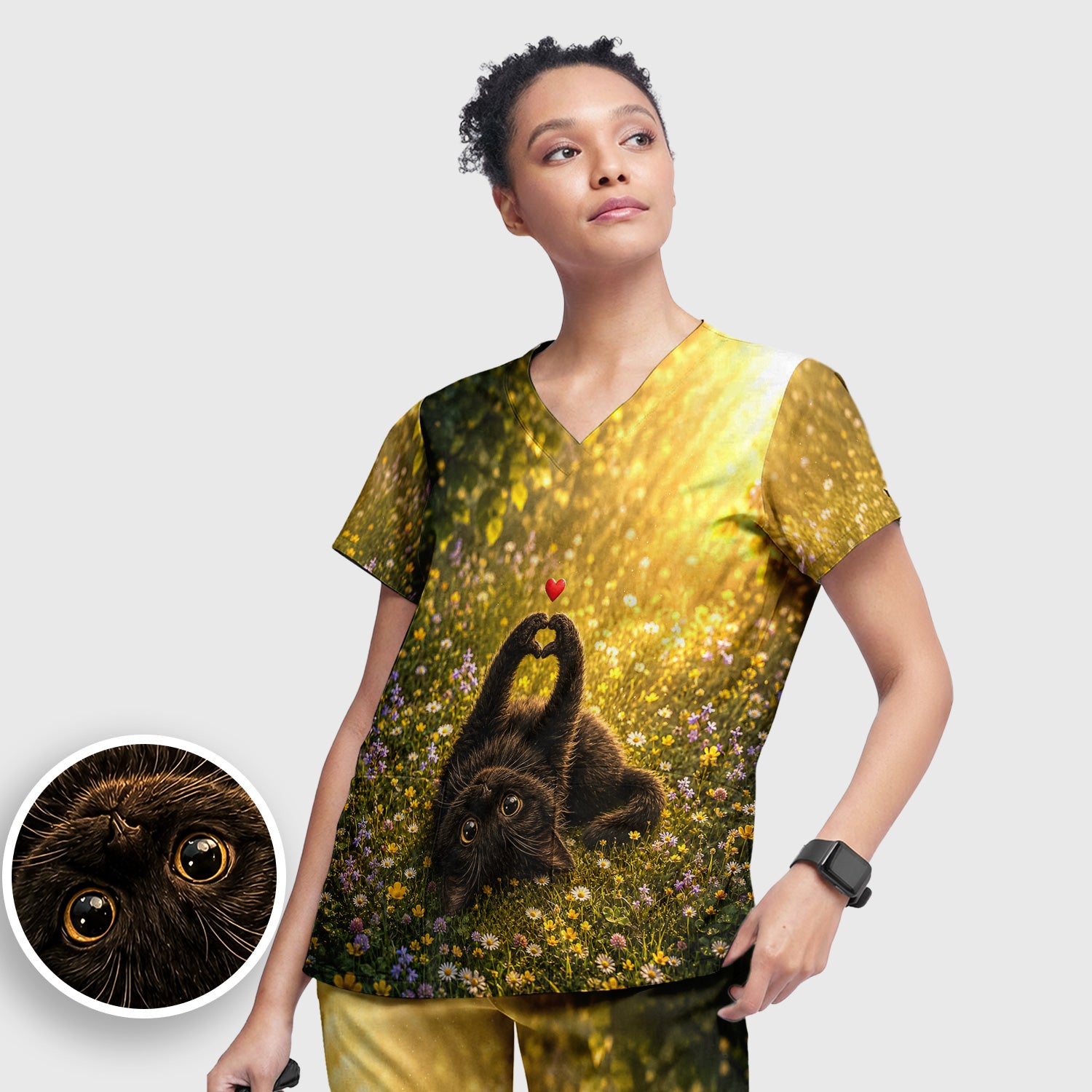 Upside Down Black Cat Meadow Pattern Scrub Set, Scrub Pants and V Neck Top