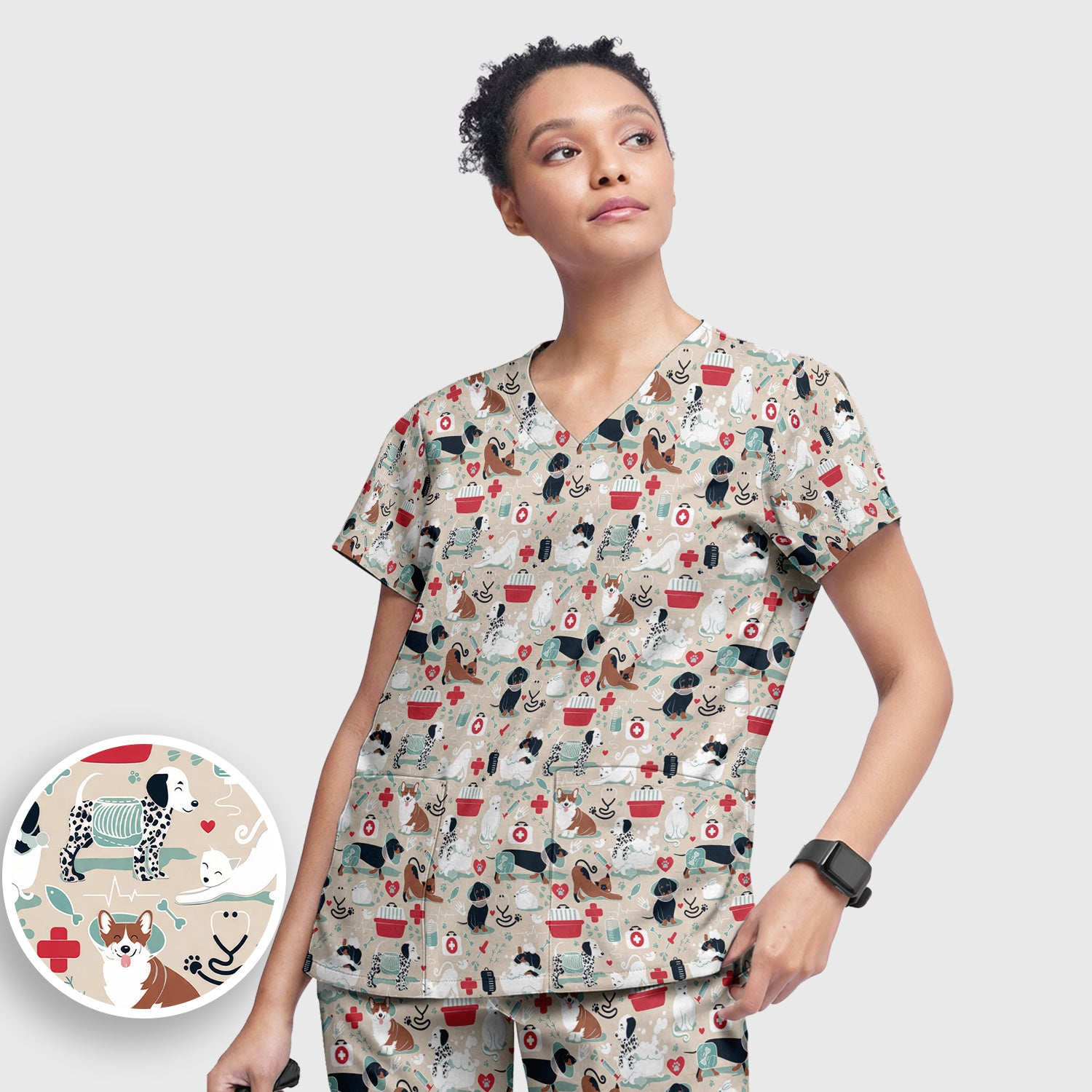 Dogs With Veterinary Tools And Paw Print Scrub Set, Breathable Med Uniform