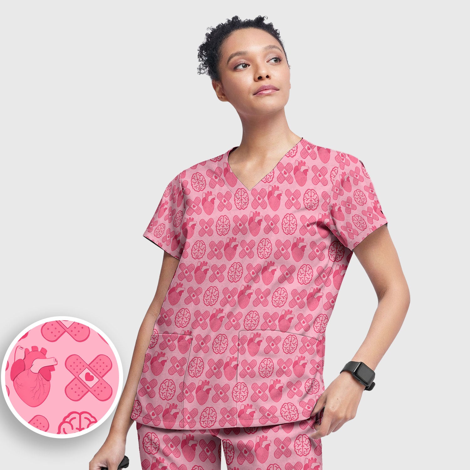 Heart & Brain Medical Icon Pattern Scrub Set, Scrub Pants and V Neck Top