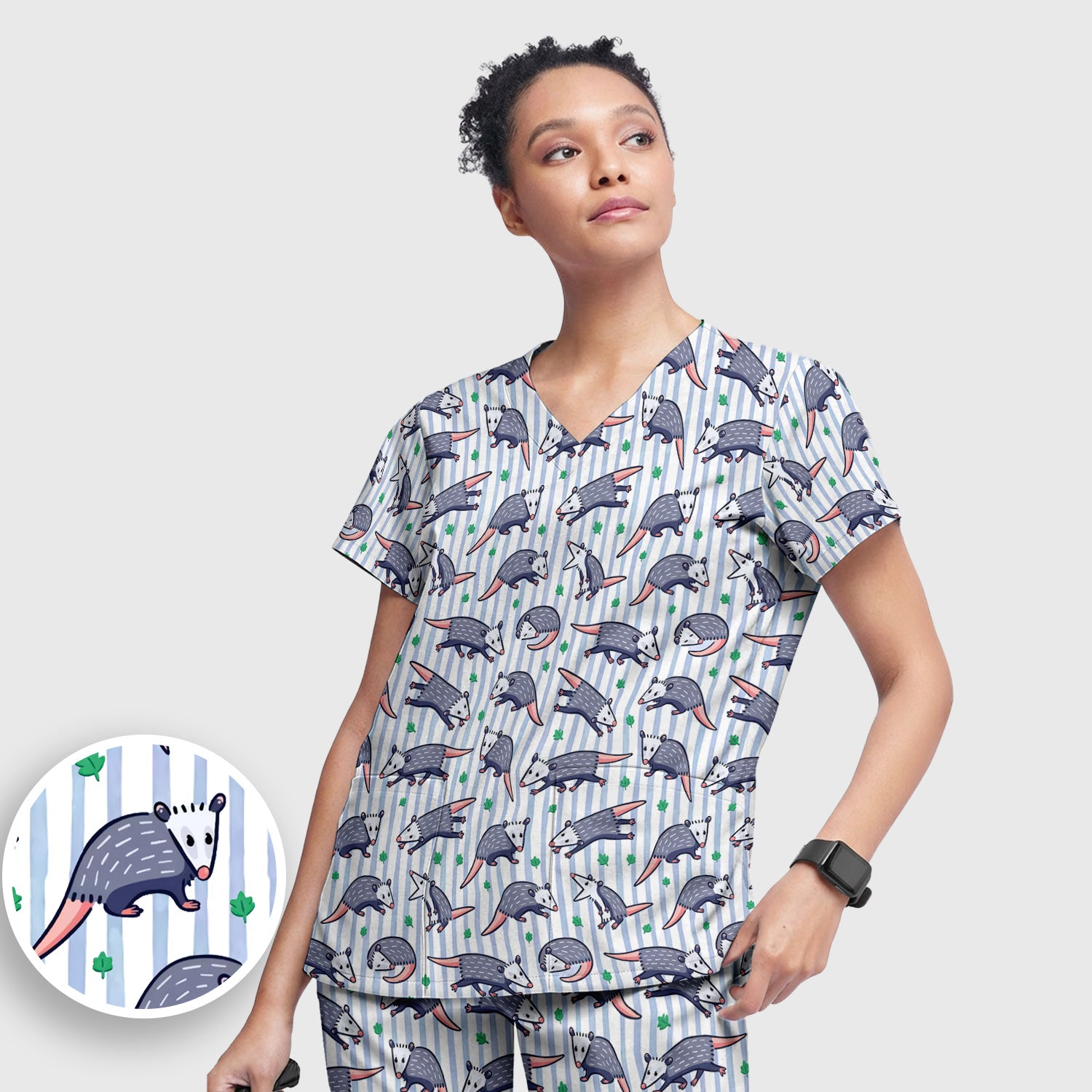 Cute Opossum Blue Stripe Pattern Scrub Set, Scrub Pants and V Neck Top
