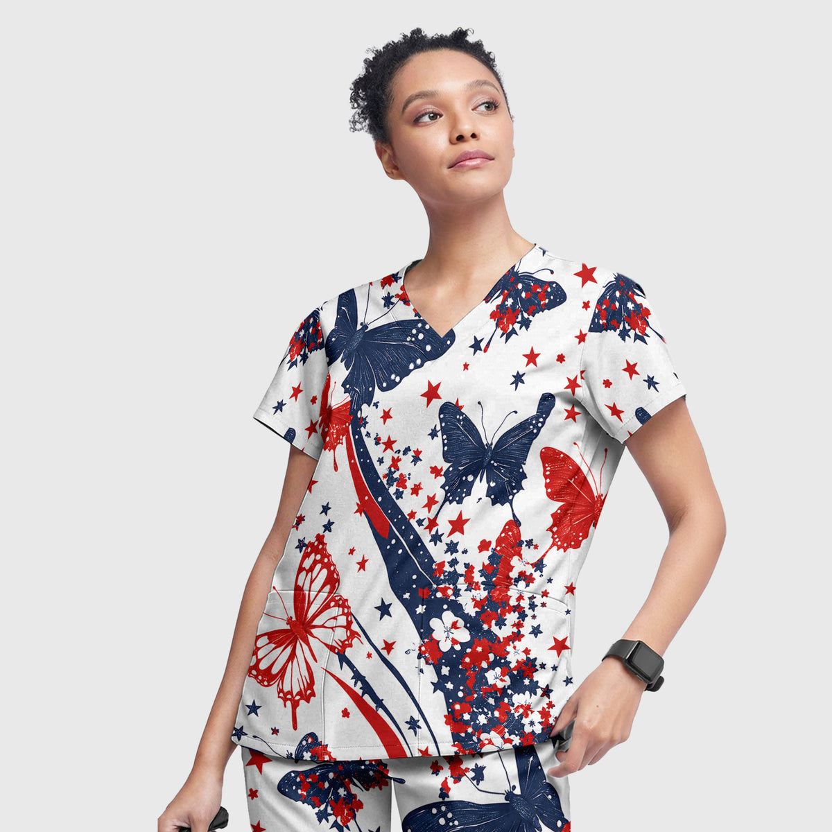 Patriotic Butterfly with Red White Blue Stars Scrub Set, Scrub Pants and V Neck Top