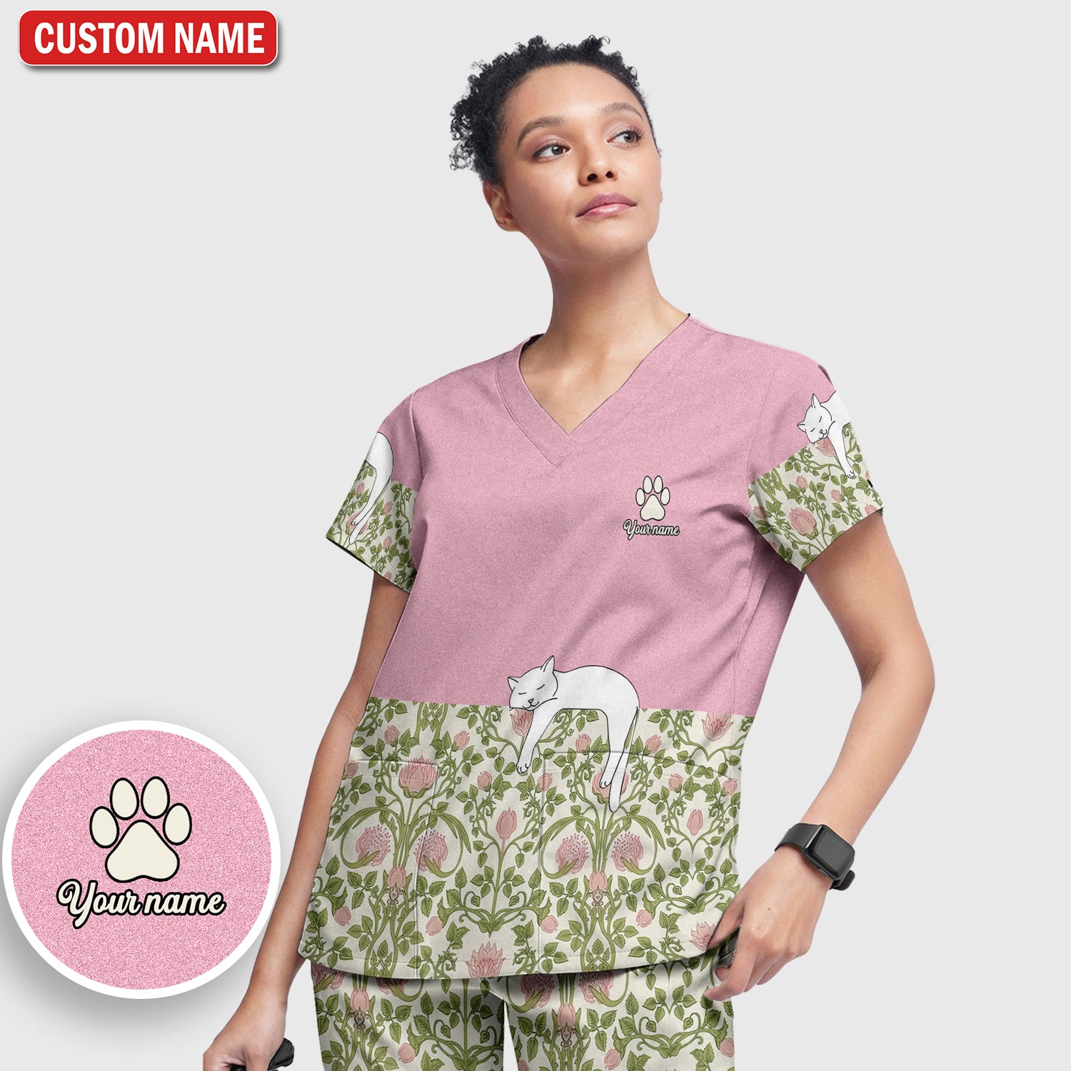 Personalized Cat Nurse Scrub Set, Custom Name Floral Scrub Shirt For Women, Breathable Fabrics Nursing Uniform