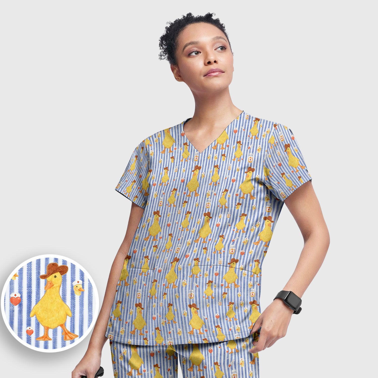 Cowboy Ducktor Vertical Stripe Pattern Scrub Set, Breathable Med Uniform