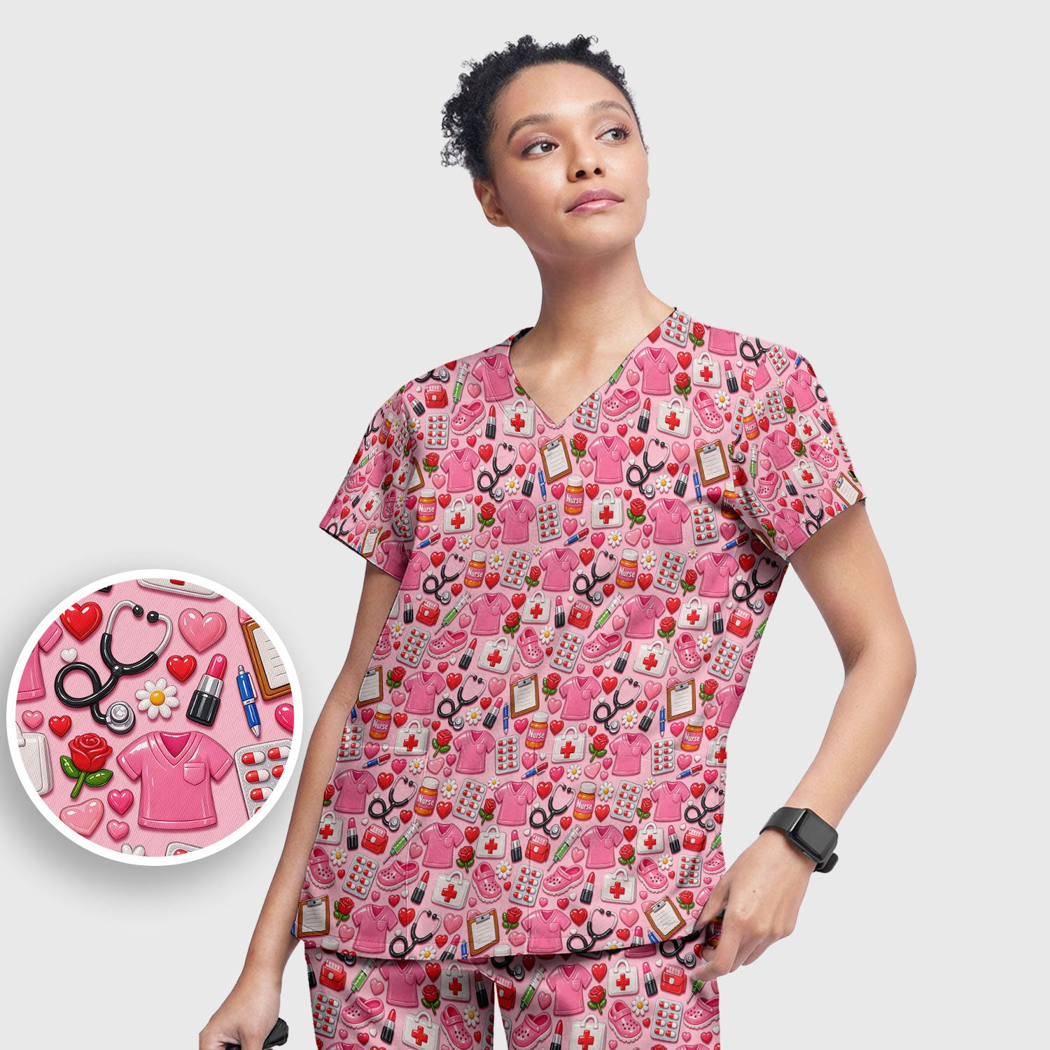Medical Icons Scrub Set, Cute Pattern Nurse Shirt, Breathable Fabrics Nursing Uniform
