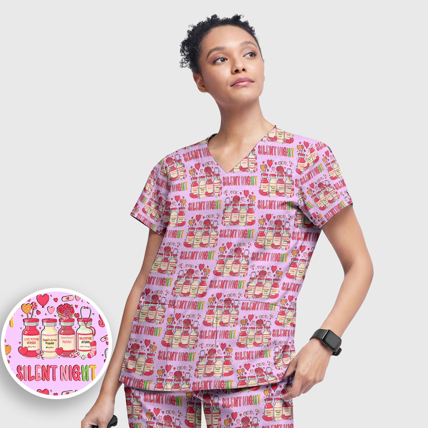 Valentine Silent Night Love Design Scrubs Set, Breathable Med Uniform