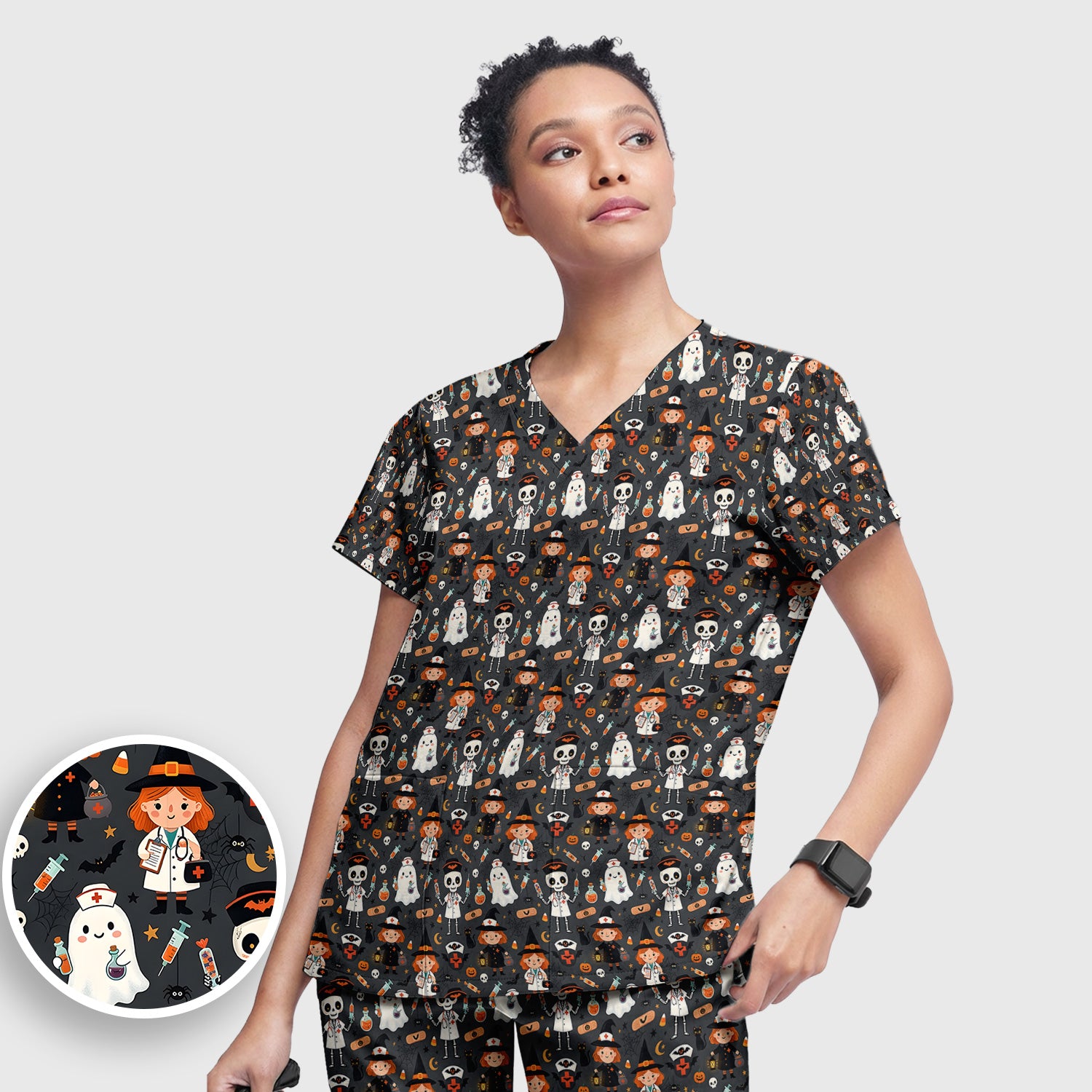 Halloween Witch And Skeleton Nurse Scrub Set, Scrub Pants and V Neck Top