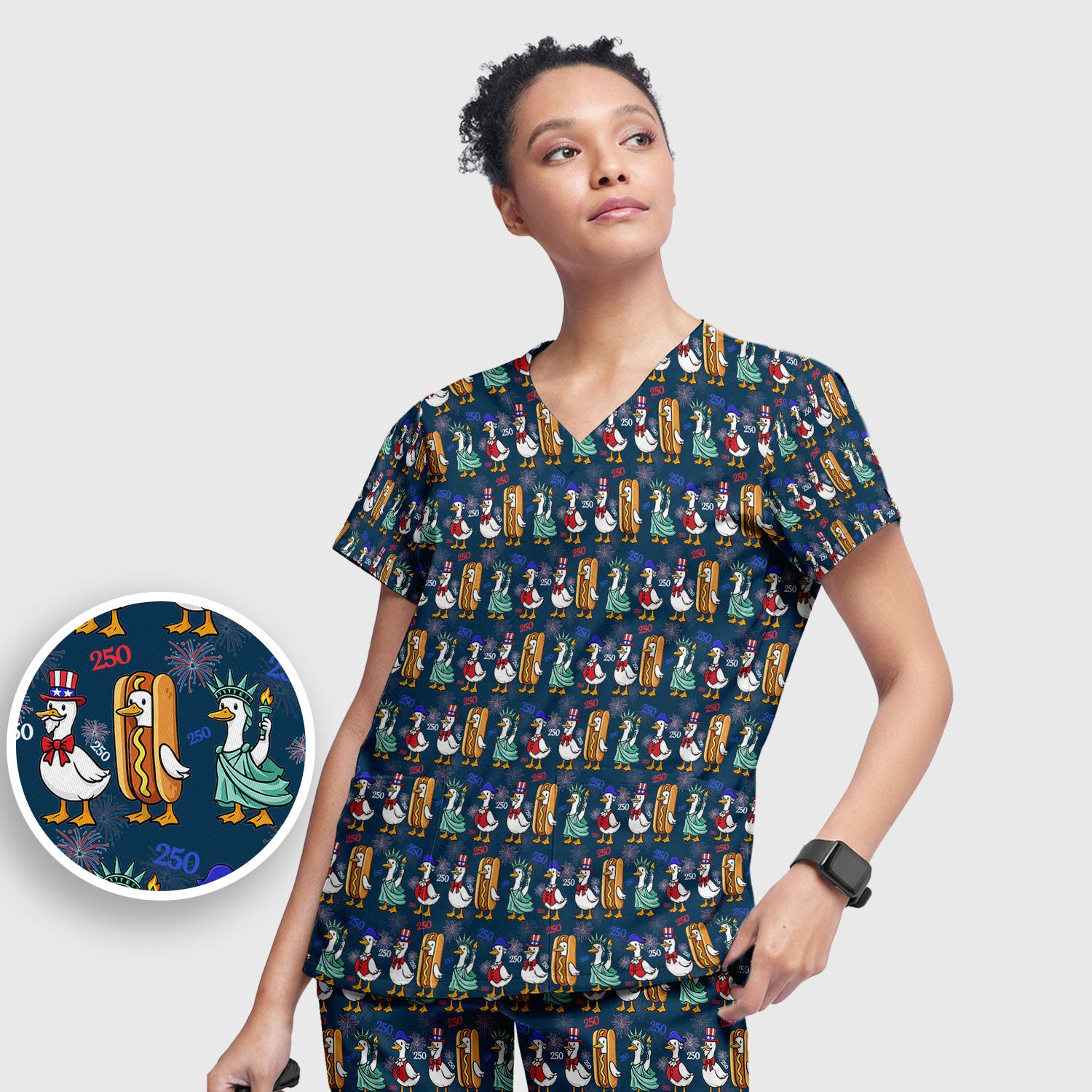 Patriotic Duck Independence Day Pattern Scrub Set, Scrub Pants and V Neck Top