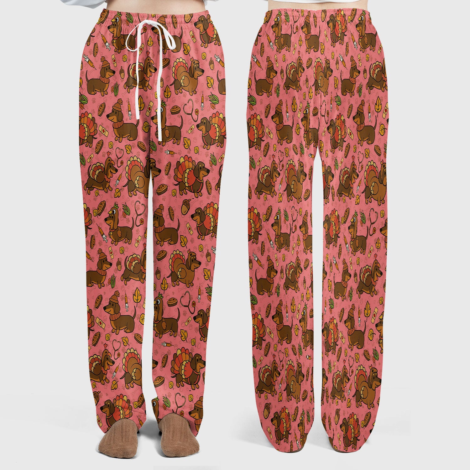 Thanksgiving Wiener Dog Scrub Set - Funny Dachshund Turkey Scrubs Pants and V Neck Top - Fall Winter Gift for Women