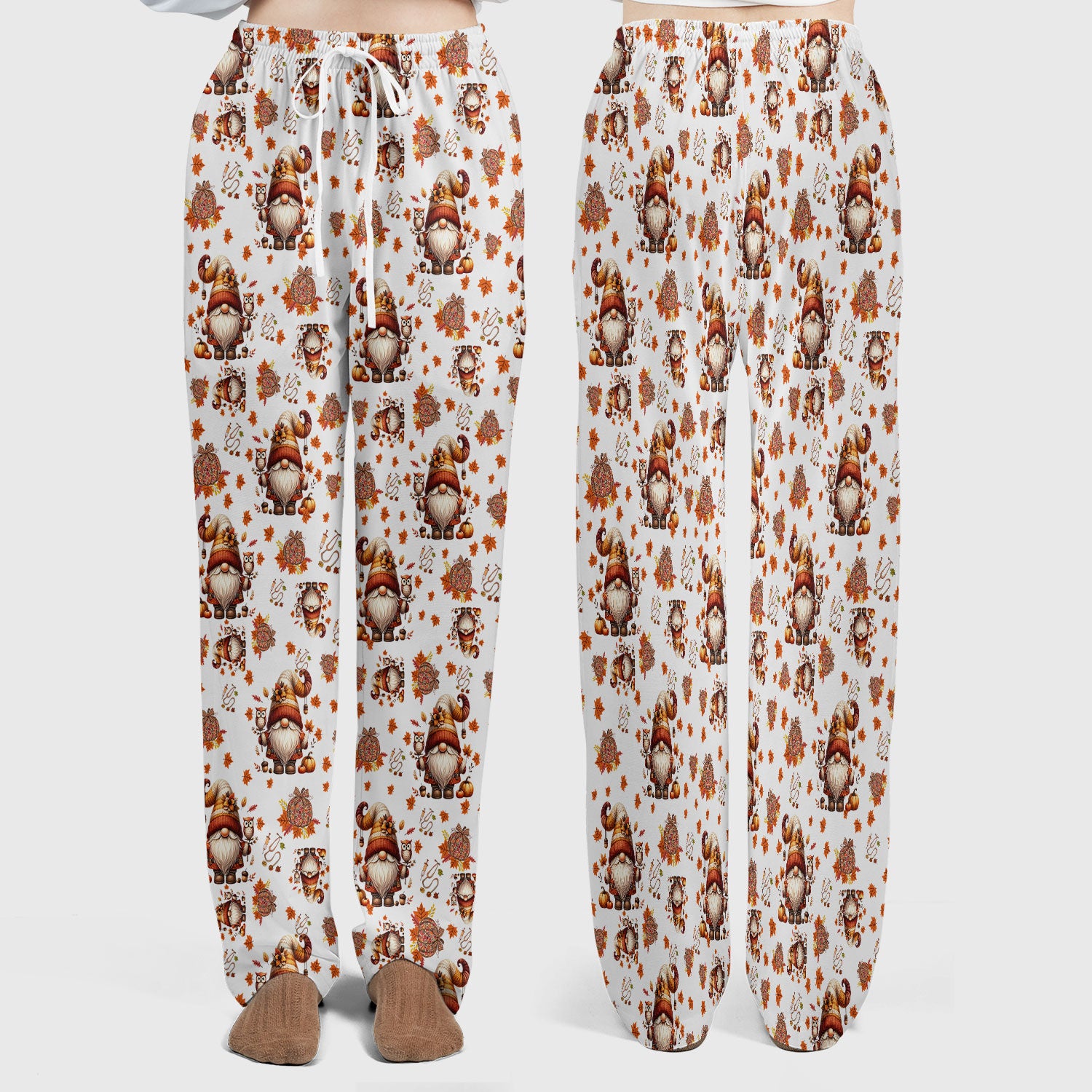 Fall Gnome Women's Scrub Sets - Autumn Leaves Pumpkin Scrub Pants and V Neck Top - Thanksgiving Nursing Uniform