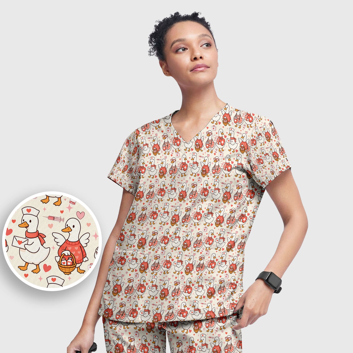 Valentine Goose Nurse Scrub Set, Heart Medical Pattern Nurse Shirt, Breathable Fabrics Nursing Uniform