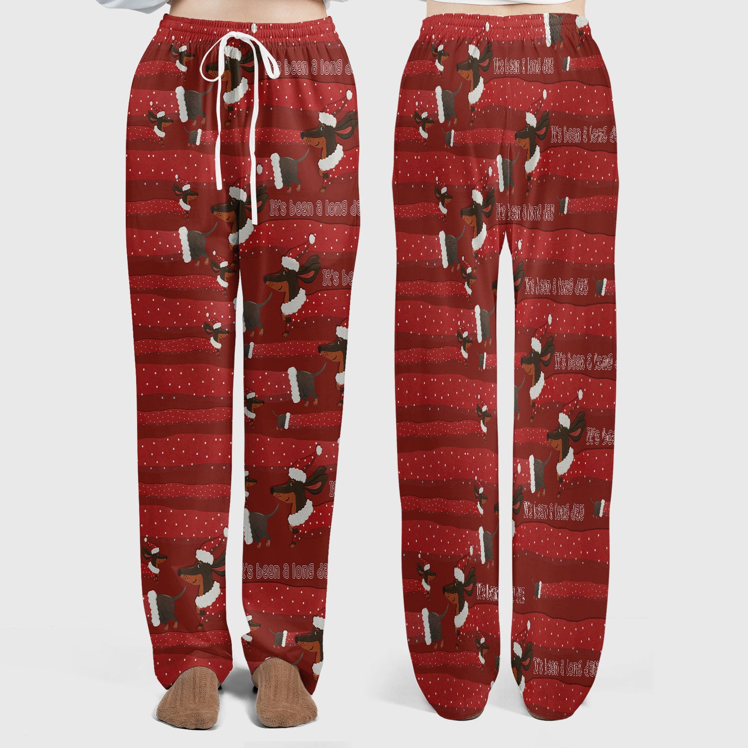Funny Dachshund Christmas Scrub Set - It's Been a Long Day - Cute Wiener Dog Scrubs Pants and V Neck Top - Medical Uniform for Women