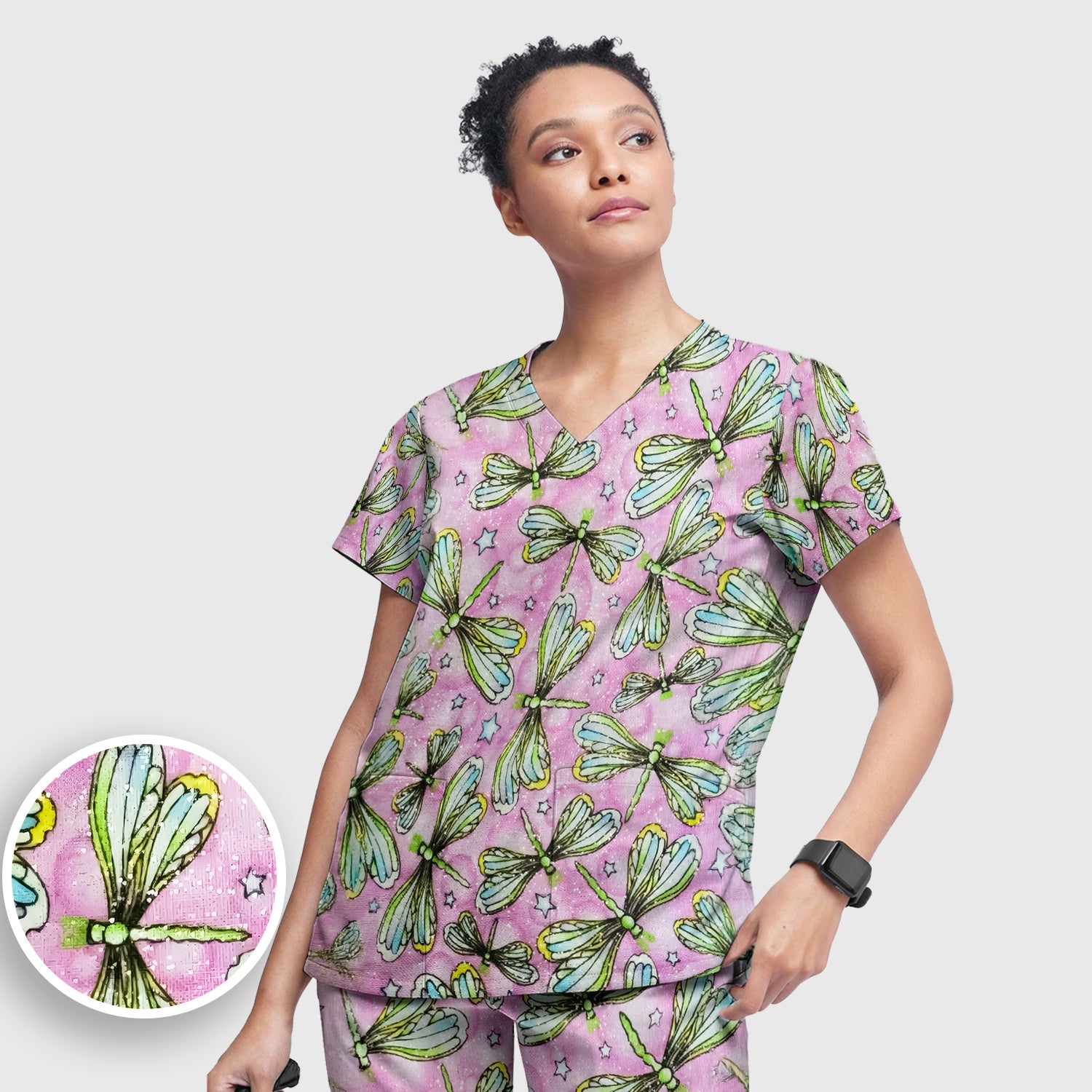 Dragonfly On Pink Starry Background Scrub Set, Scrub Pants and V Neck Top